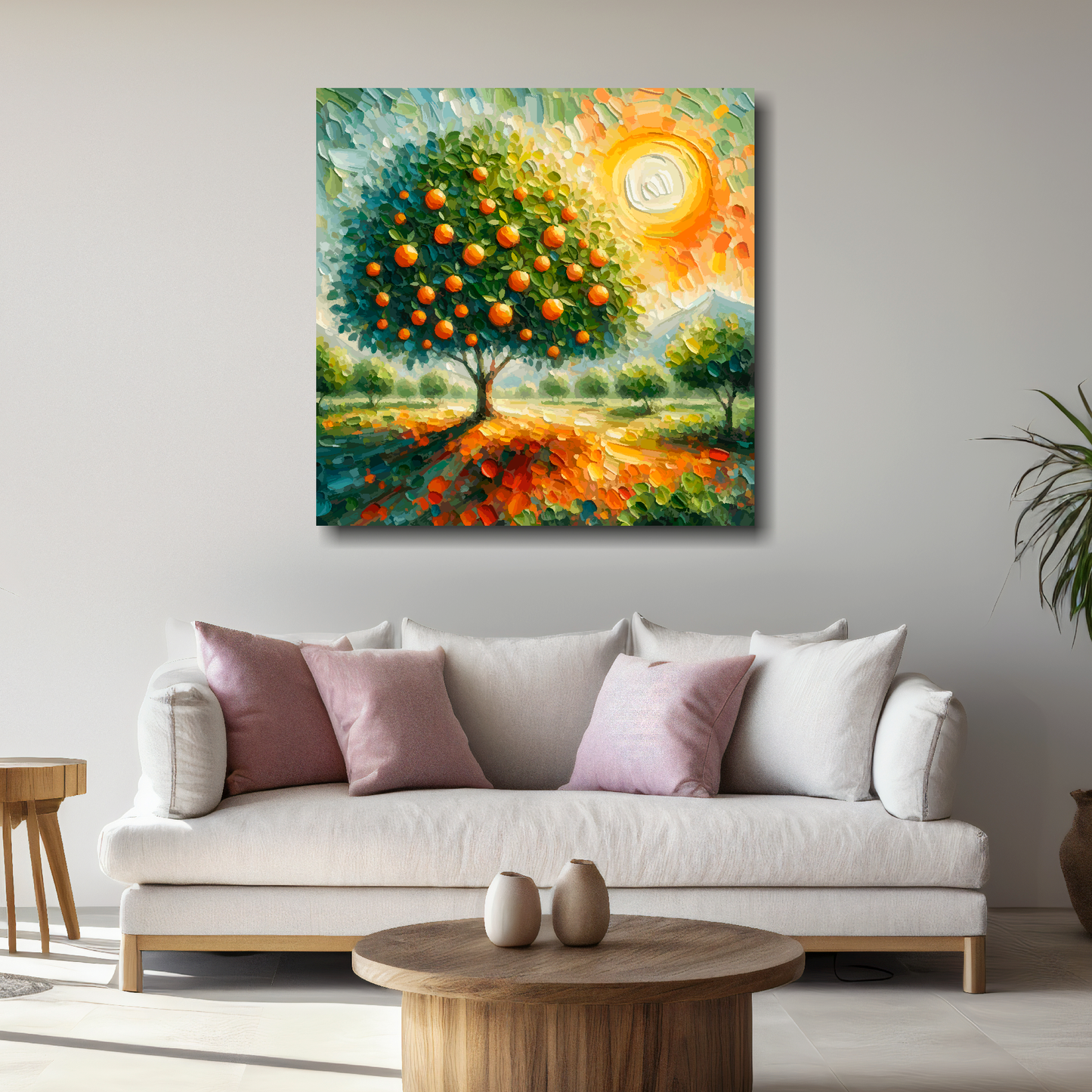 Square XL canvas featuring a Orange Tree. Mounted on a white wall above a white sofa with decorative pillows.
