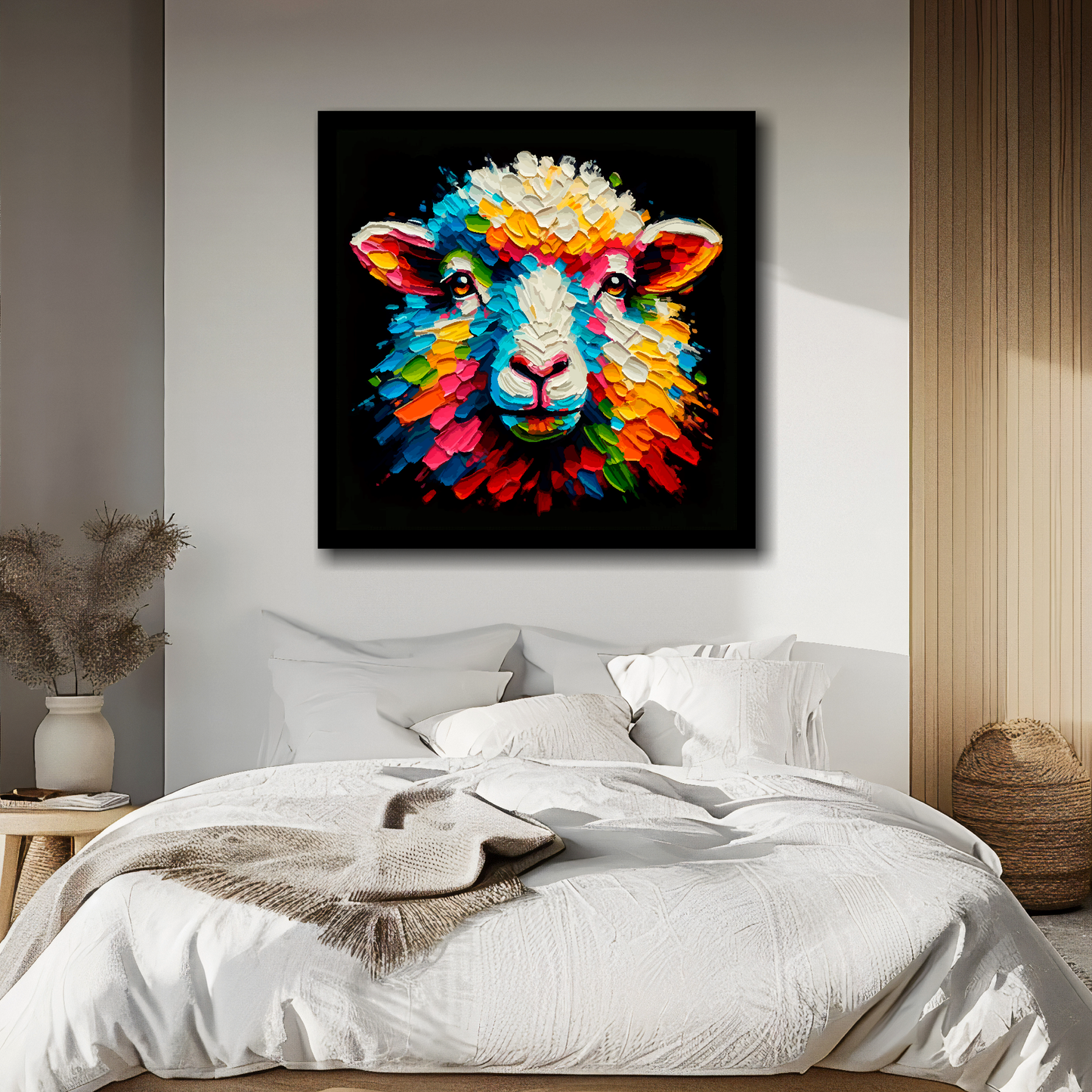 Large canvas wall art - Colourful Sheep portrait on a black background. Available in 3 large sizes.
