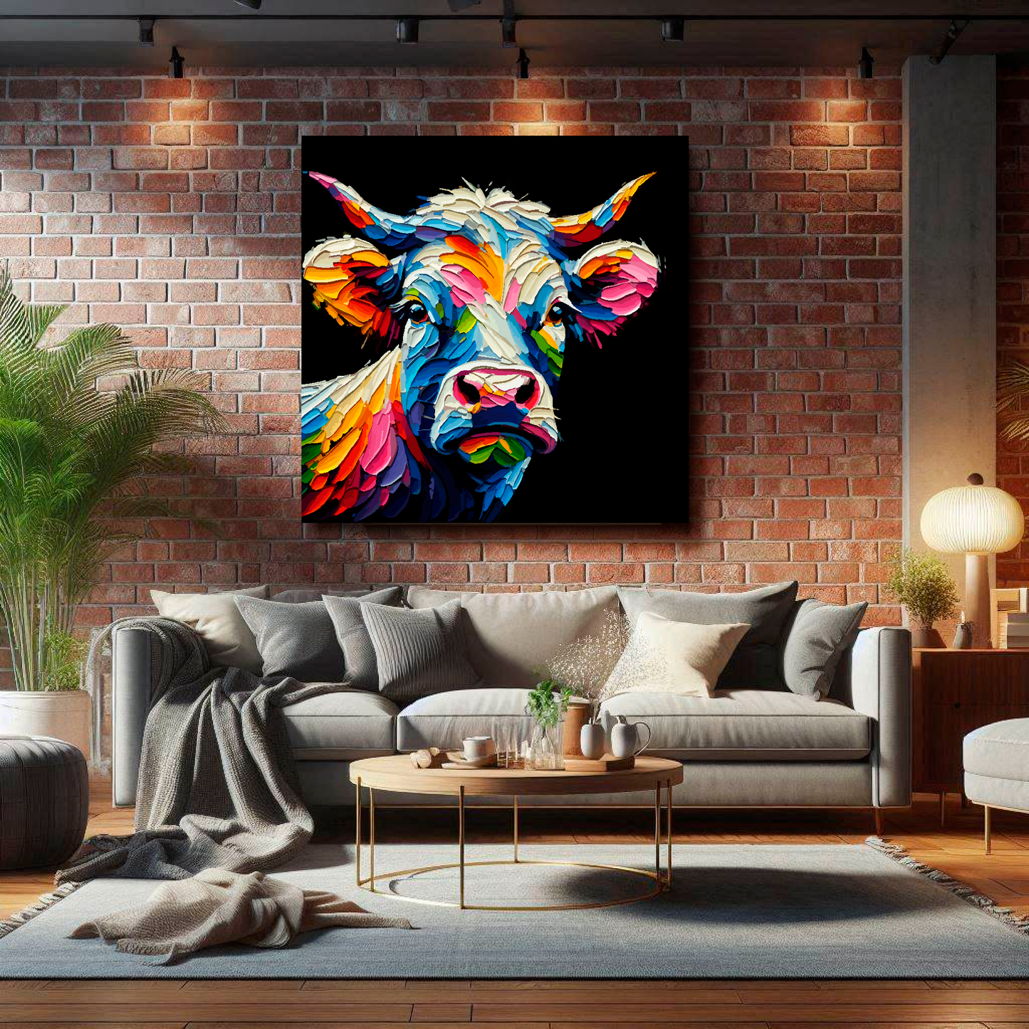 Large canvas wall art - Colourful Cow portrait on a black background. Available in 3 large sizes.