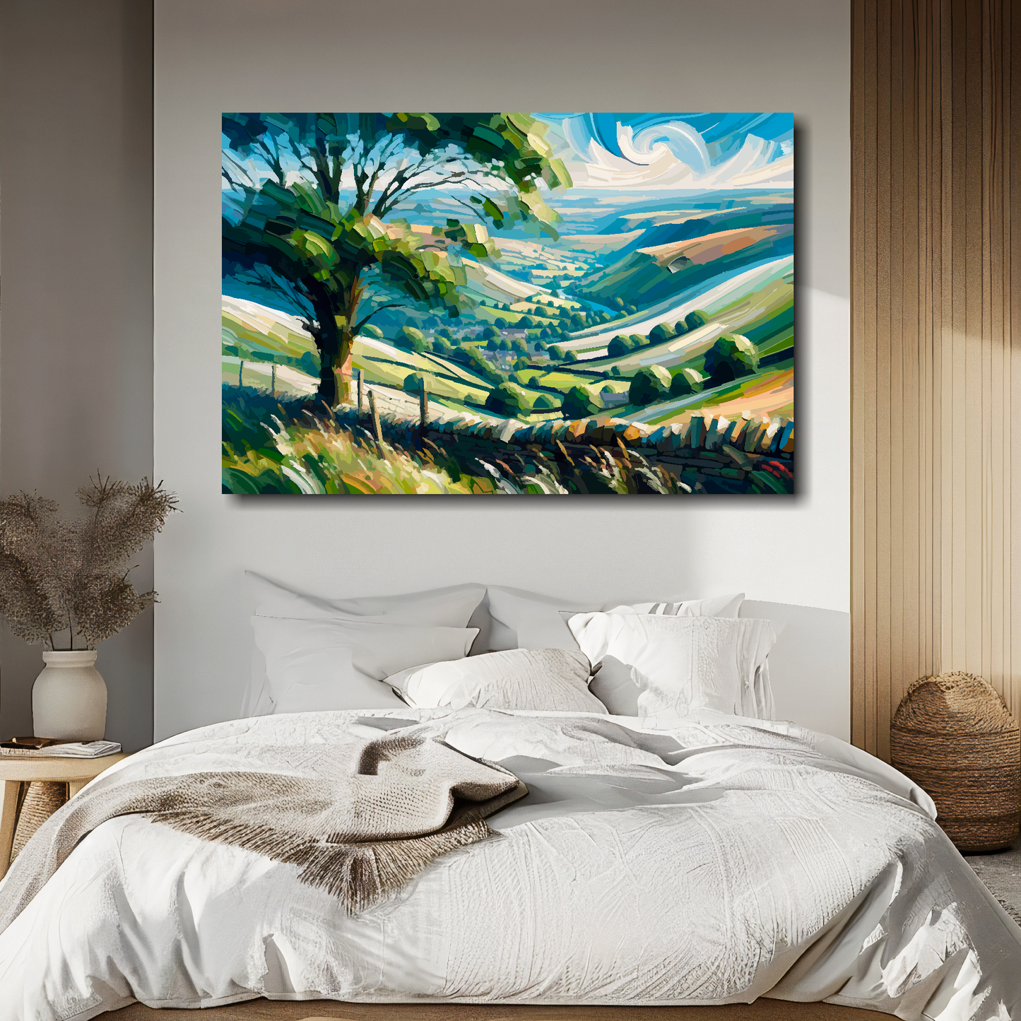 Large canvas print of a Yorkshire Dales abstract landscape. Mounted on a white wall above a double bed.