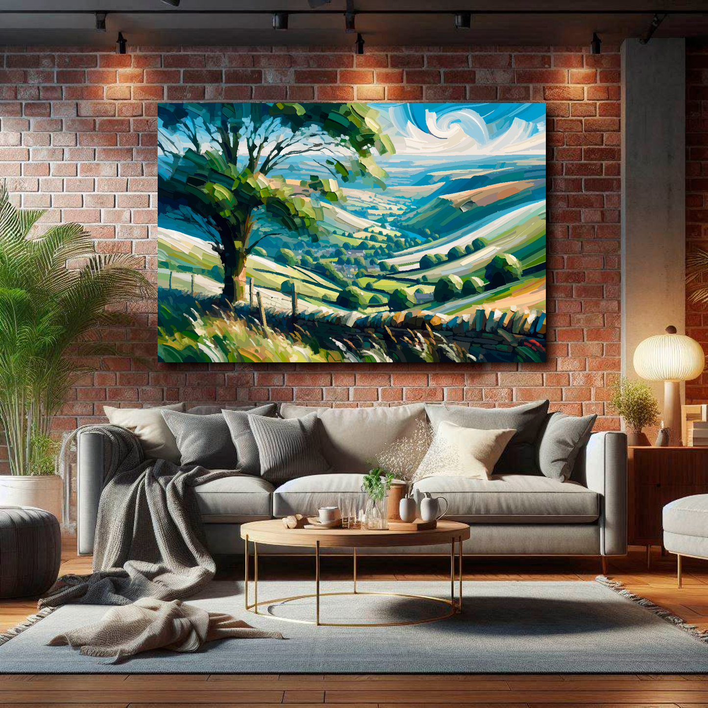 Huge canvas print of a Yorkshire Dales abstract landscape. Mounted on a brick wall above a gray sofa with decorative pillows.