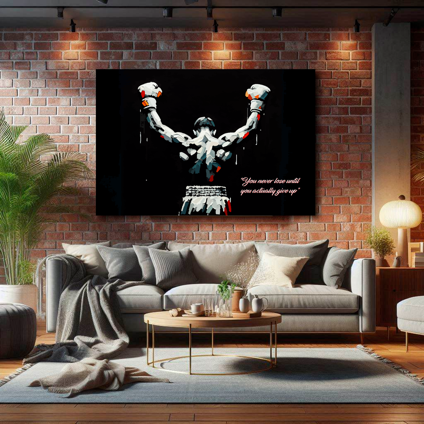 Landscape canvas featuring a boxer with raised arms on a black background. Mounted on a brick wall above a grey sofa with decorative pillows.