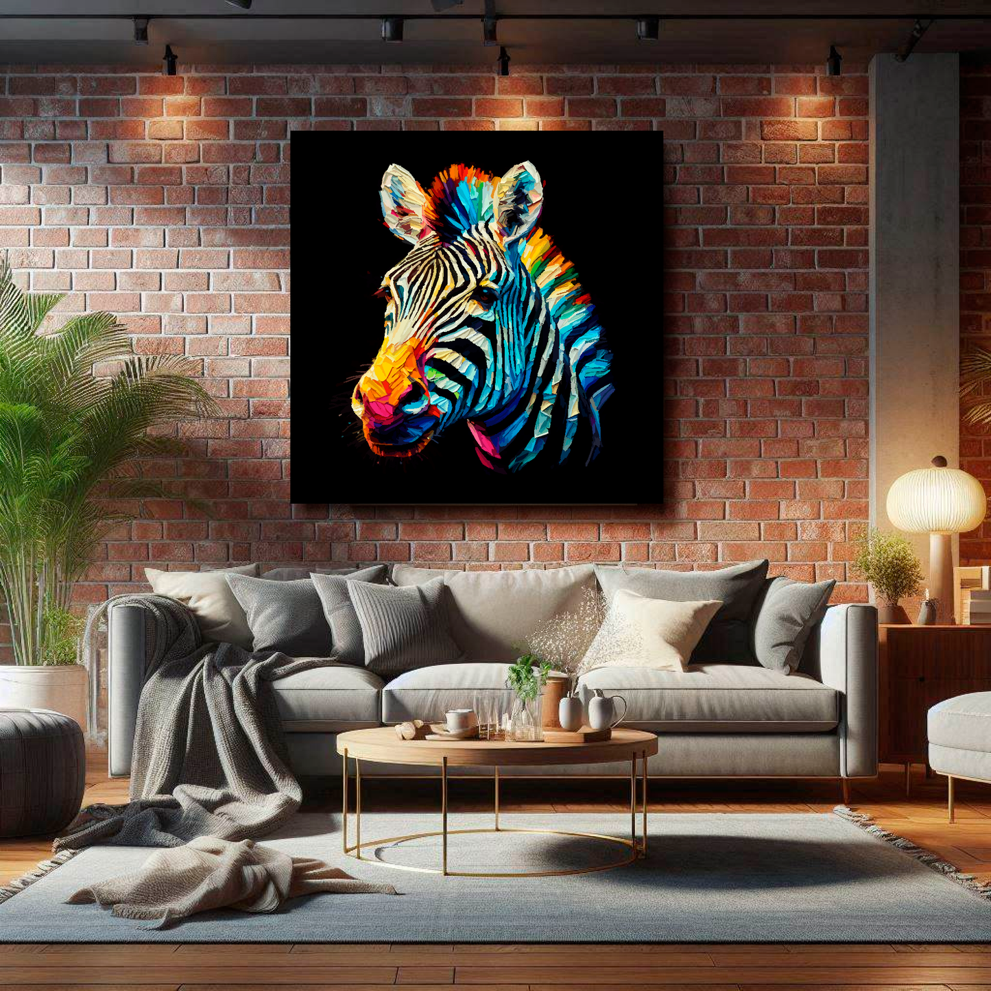 Large canvas print of a vibrant, multi-coloured Zebra on a black background, available in 3 sizes.