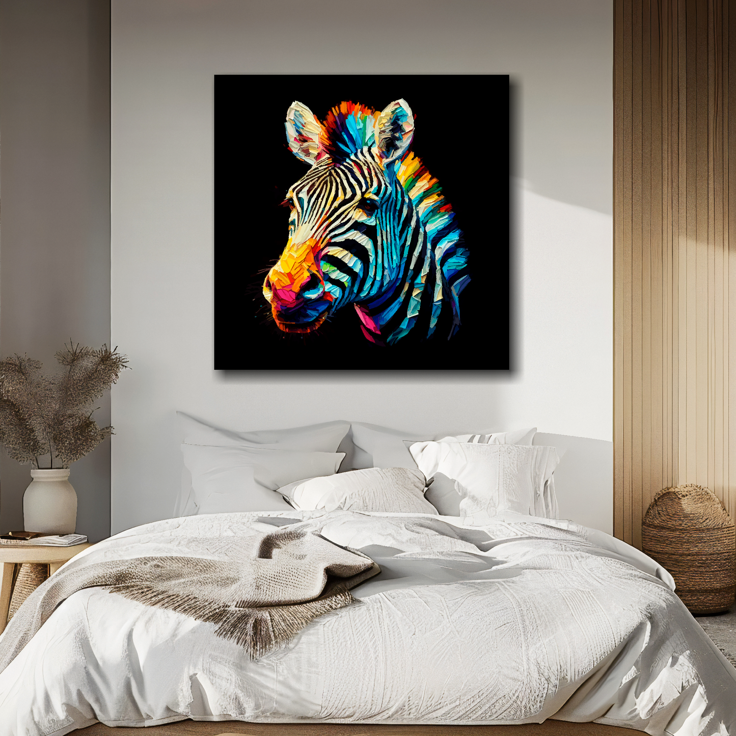 Large canvas print of a vibrant, multi-coloured Zebra on a black background, available in 3 sizes.