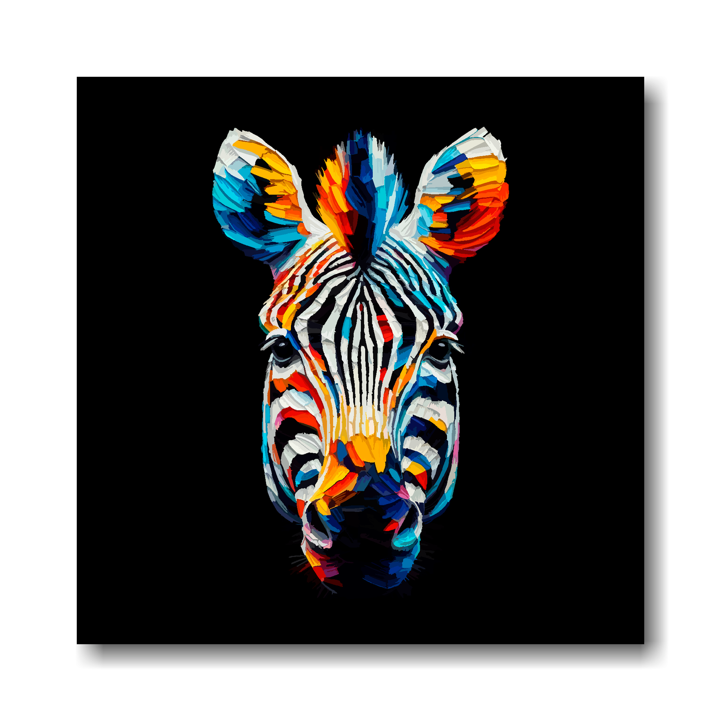 Large canvas print of a vibrant, multi-coloured Zebra on a black background, available in 3 sizes.