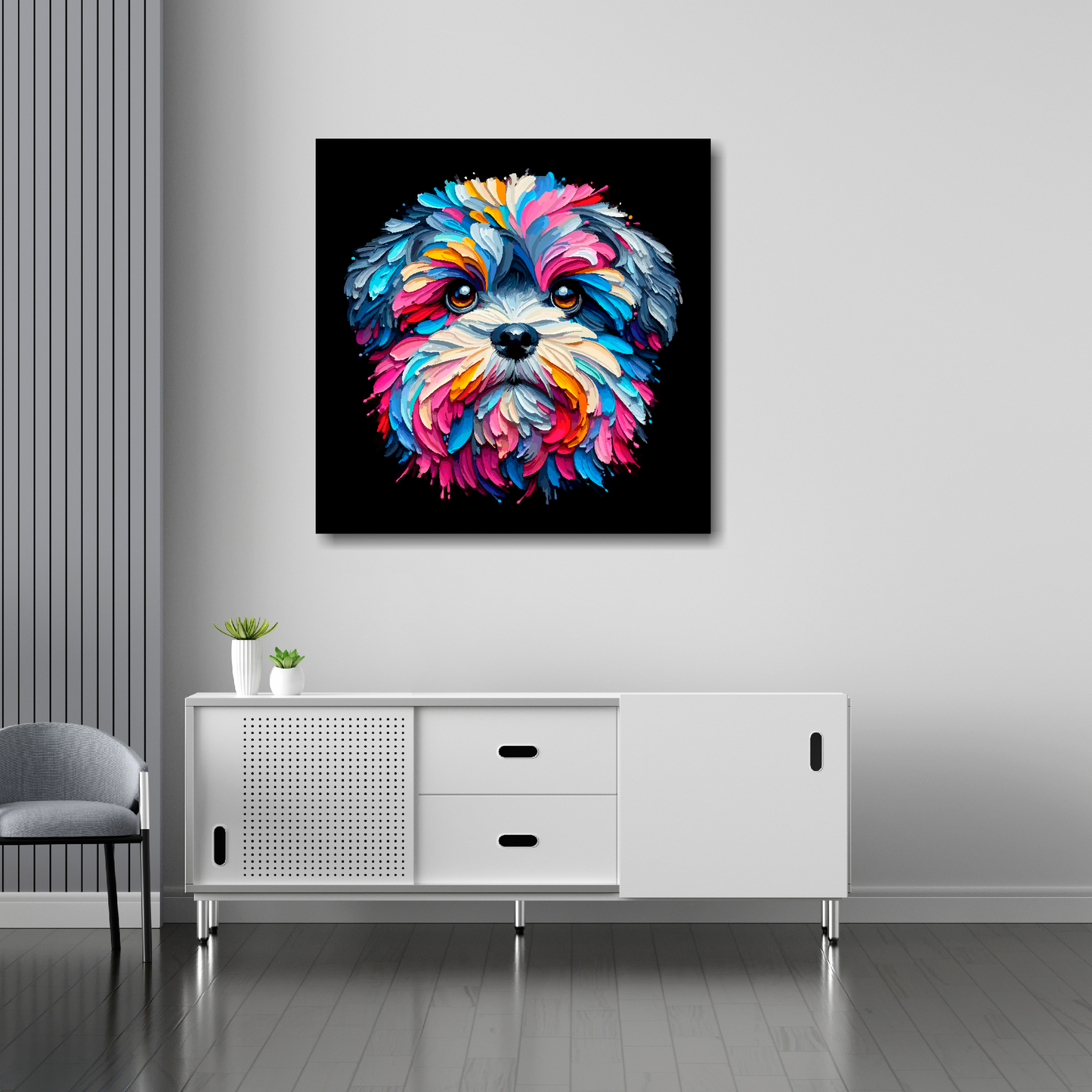 30 inch by 30 inch square canvas featuring a multi-coloured Zuchon dog portrait. Mounted on a white wall above a white sideboard.