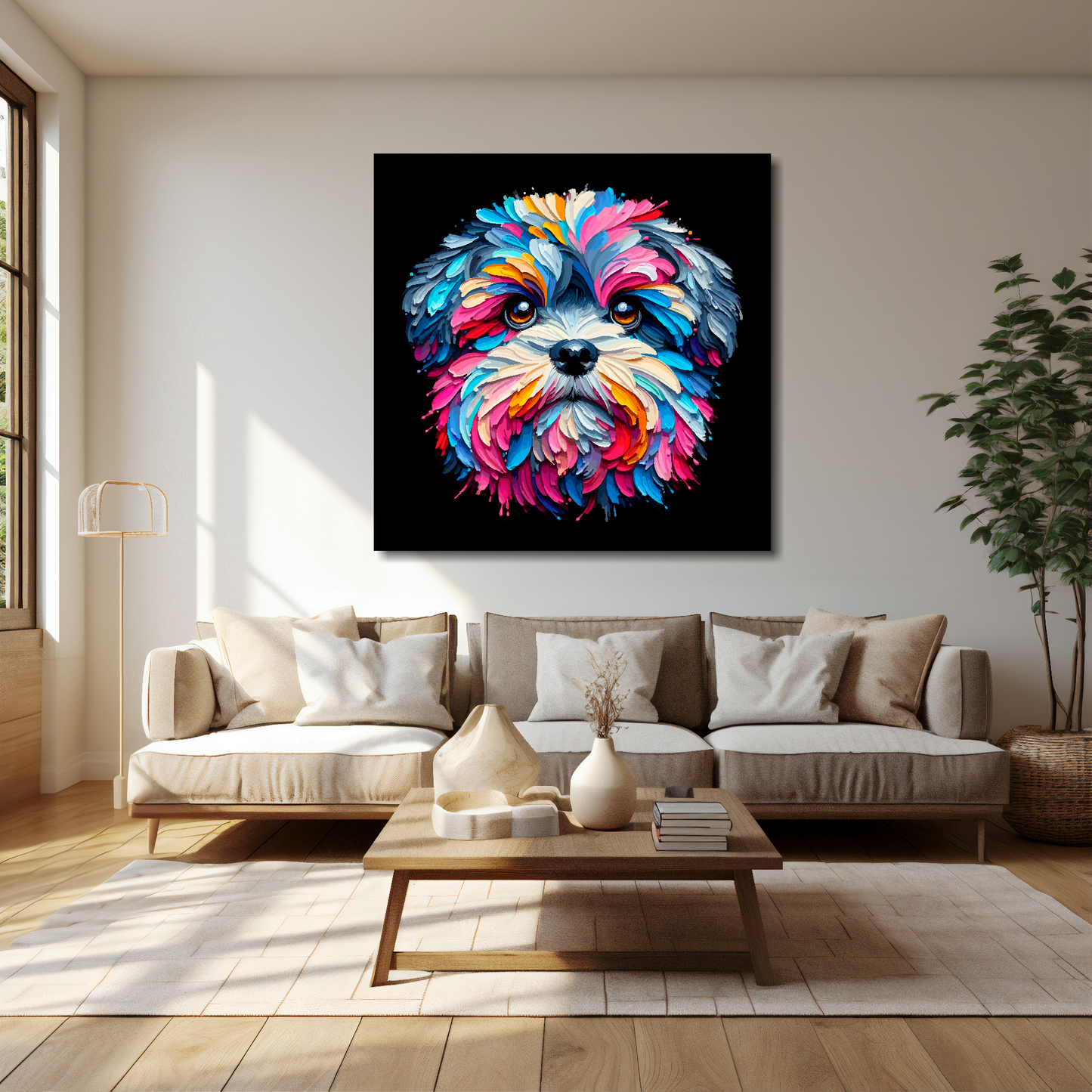 40 inch by 40 inch square canvas featuring a multi-coloured Zuchon dog portrait. Mounted on a cream wall above a cream sofa with decorative pillows.
