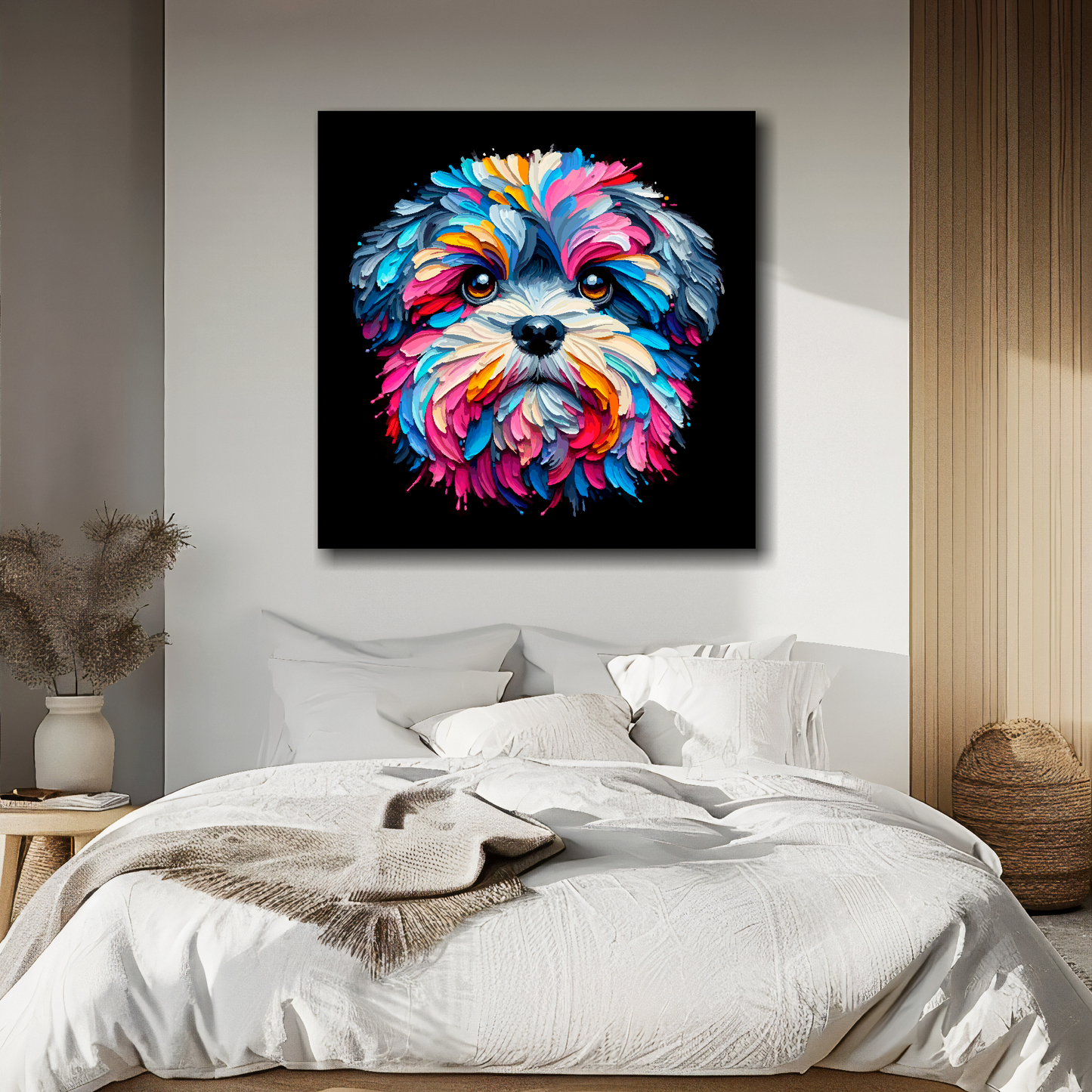 Canvas print featuring a multi-coloured Zuchon dog portrait. Mounted on a white wall above a double bed.