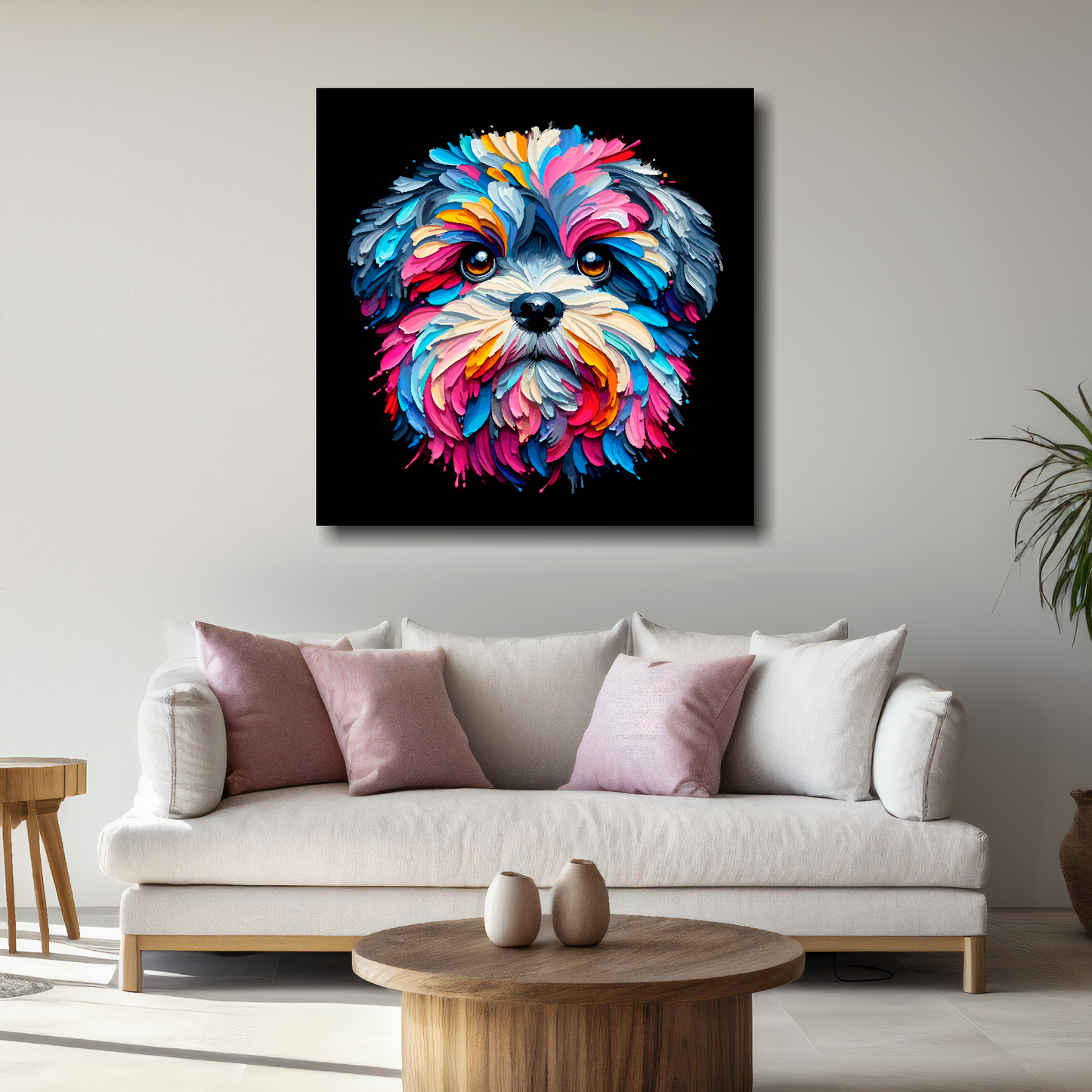 Large canvas print featuring a multi-coloured Zuchon dog portrait. Mounted on a white wall above a white sofa with decorative pillows.