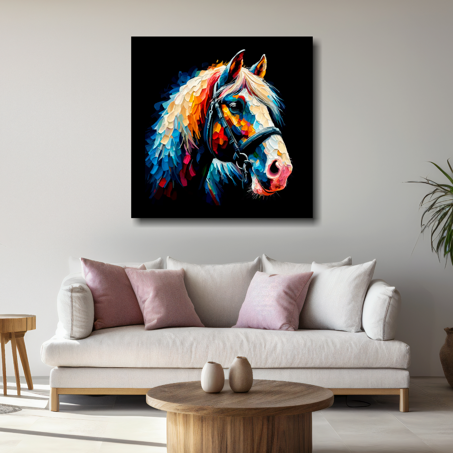 Large canvas wall art - Colourful Shire Horse portrait on a black background. Available in 3 large sizes.