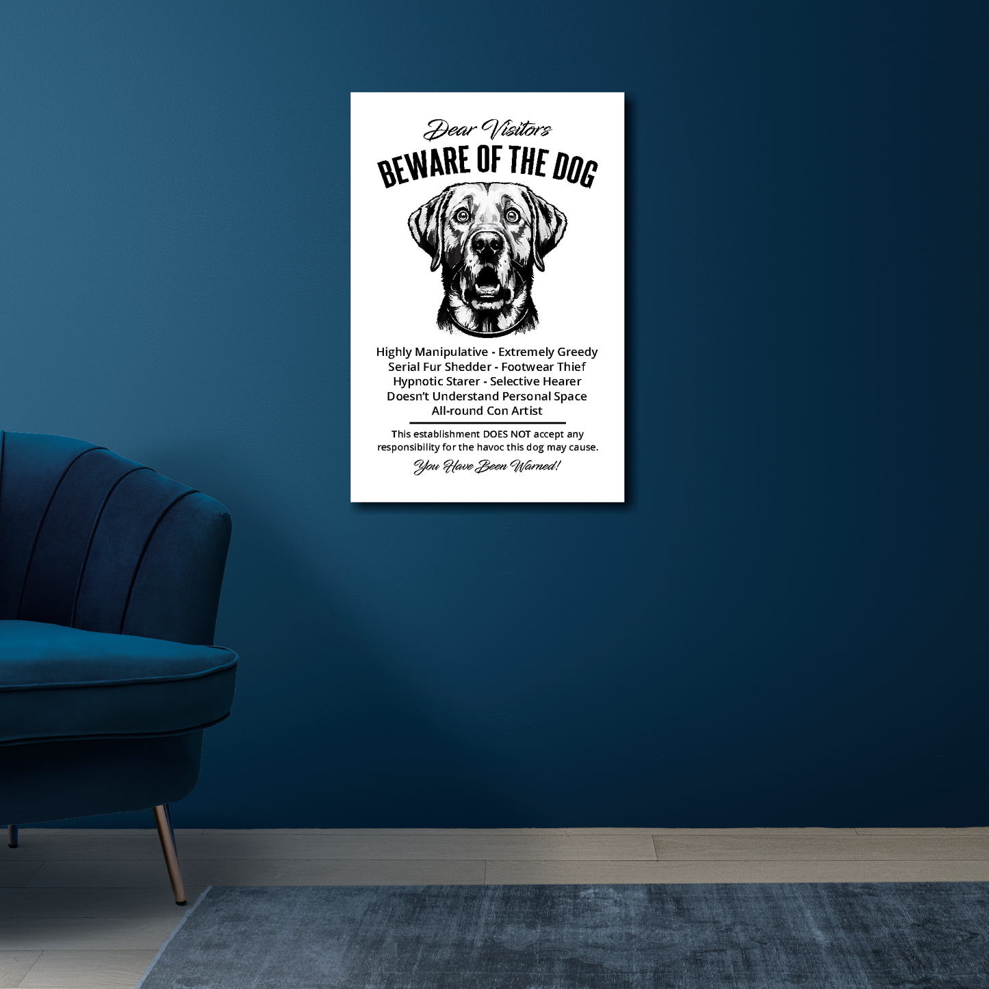 16 inch by 24 inch canvas print of a funny Labrador 'Beware of the Dog' notice. Mounted on a blue wall above a blue chair.