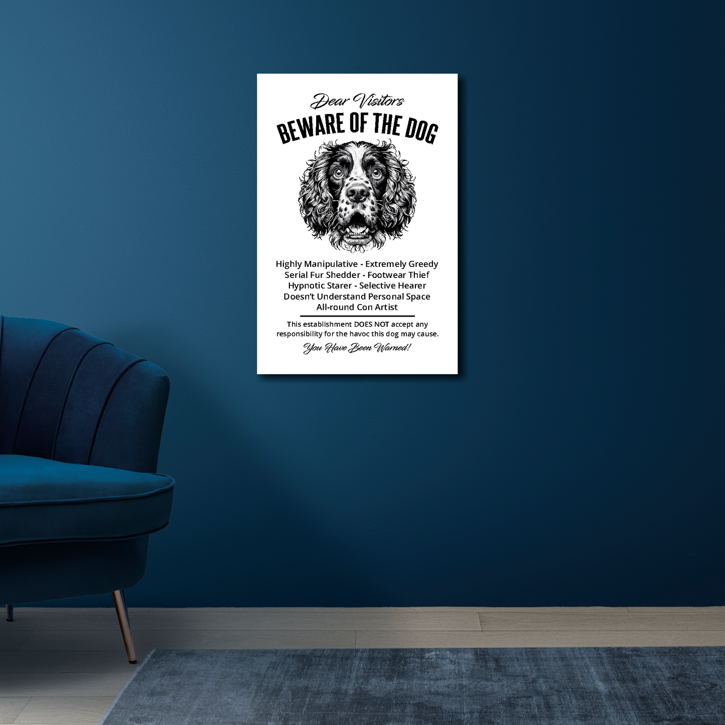 16 inch by 24 inch canvas print of a funny Springer Spaniel 'Beware of the Dog' notice. Mounted on a blue wall above a blue chair.
