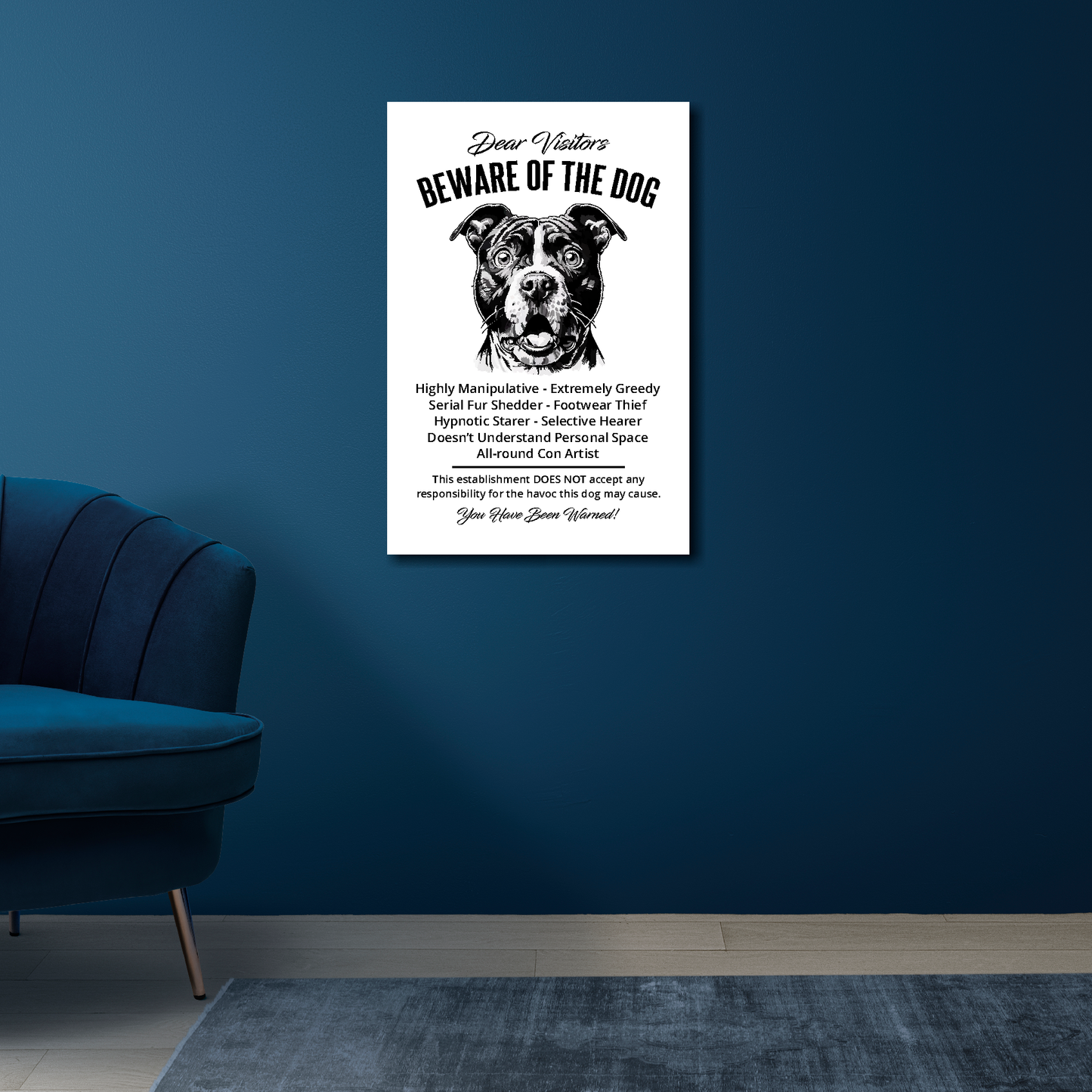 16 inch by 24 inch canvas print of a funny Staffordshire Bull Terrier 'Beware of the Dog' notice. Mounted on a blue wall above a blue chair.