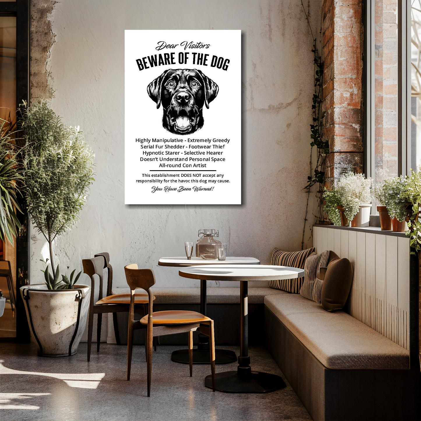 12 inch by 18 inch canvas print of a funny Black Labrador 'Beware of the Dog' notice. Mounted on a cream cafe wall above tables and chairs.
