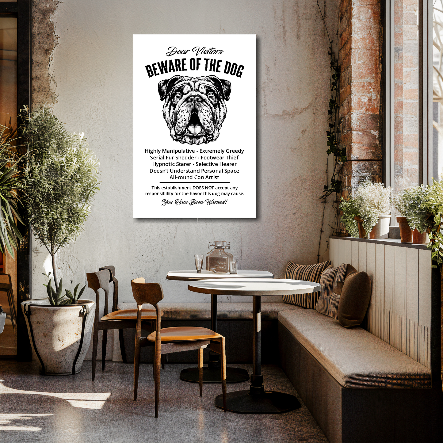 24 inch by 36 inch canvas print of a funny Bulldog 'Beware of the Dog' notice. Mounted on a cream cafe wall above tables and chairs.
