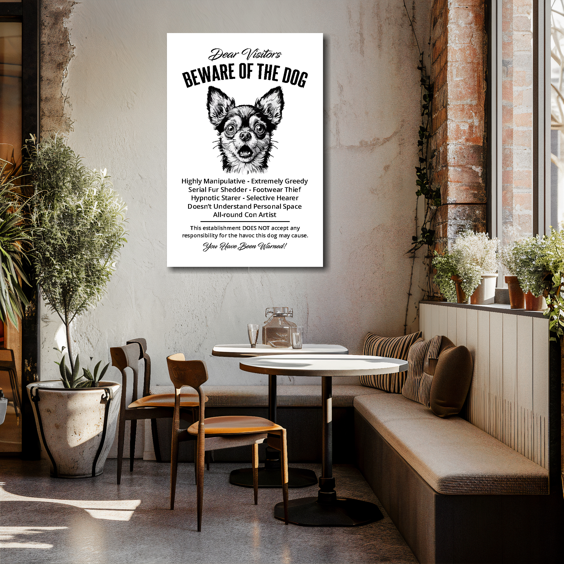 24 inch by 36 inch canvas print of a funny Chihuahua 'Beware of the Dog' notice. Mounted on a cream cafe wall above tables and chairs.