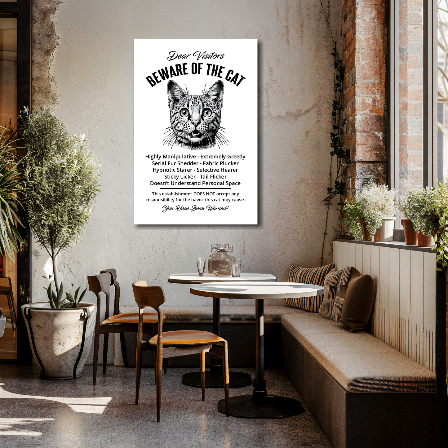 24 inch by 36 inch canvas print of a Savannah 'Beware of the cat' notice. Mounted on a cream cafe wall above a tables and chairs.