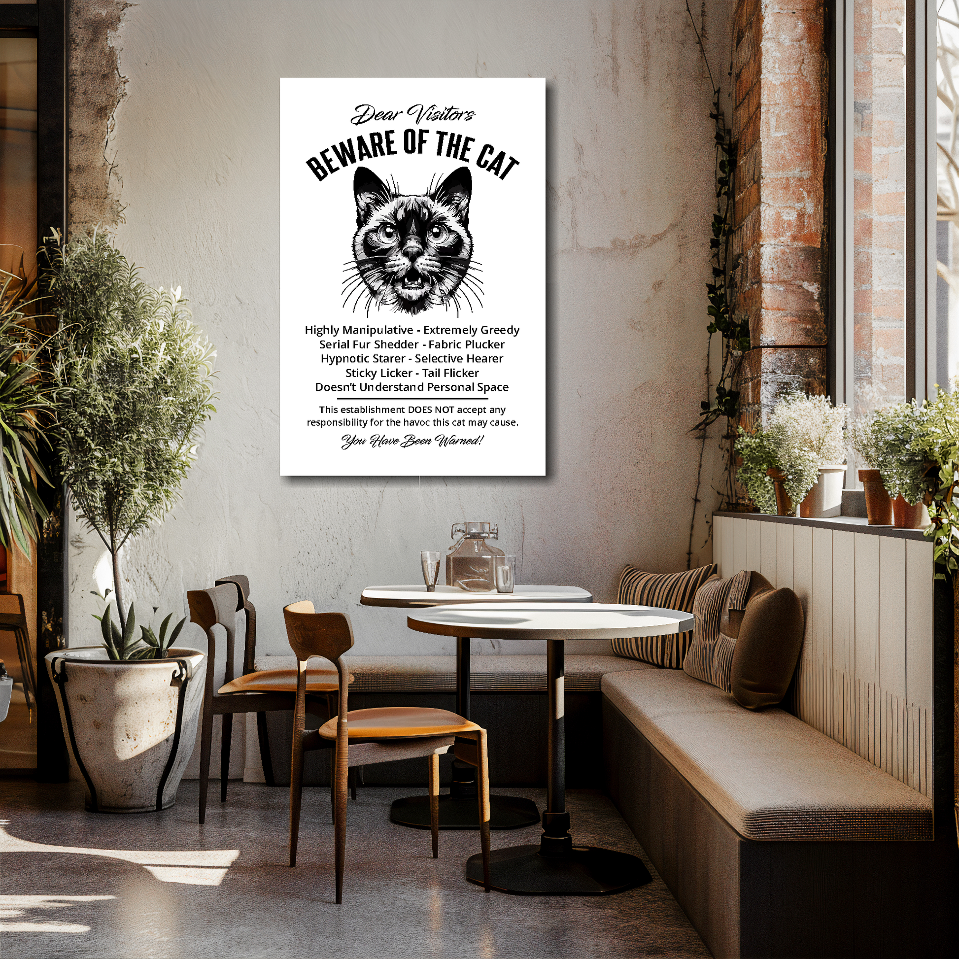 24 inch by 36 inch canvas print of a funny Siamese 'Beware of the cat' notice. Mounted on a cream cafe wall above tables and chairs.