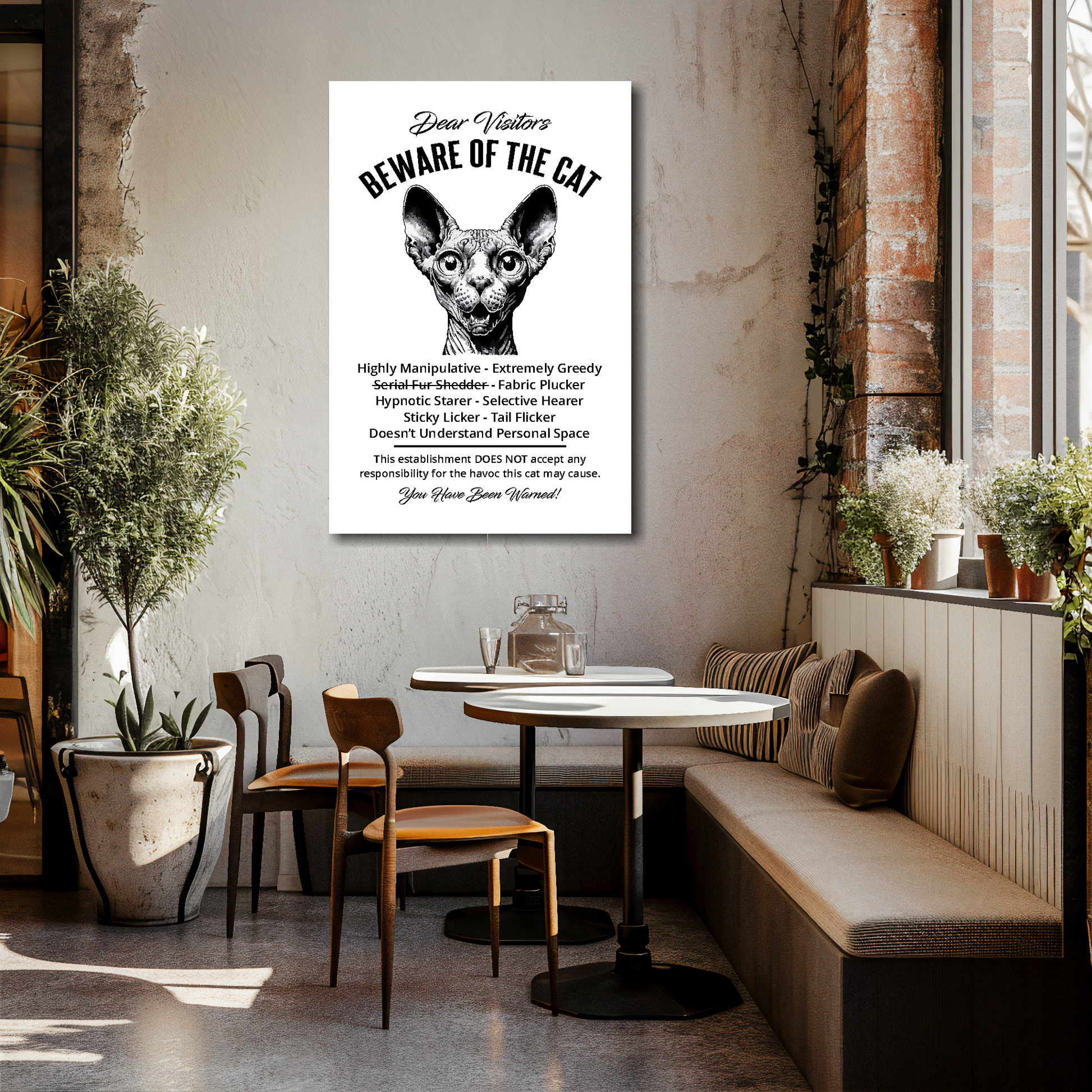 24 inch by 36 inch canvas print of a funny Sphynx 'Beware of the cat' notice. Mounted on a cream cafe wall above tables and chairs.