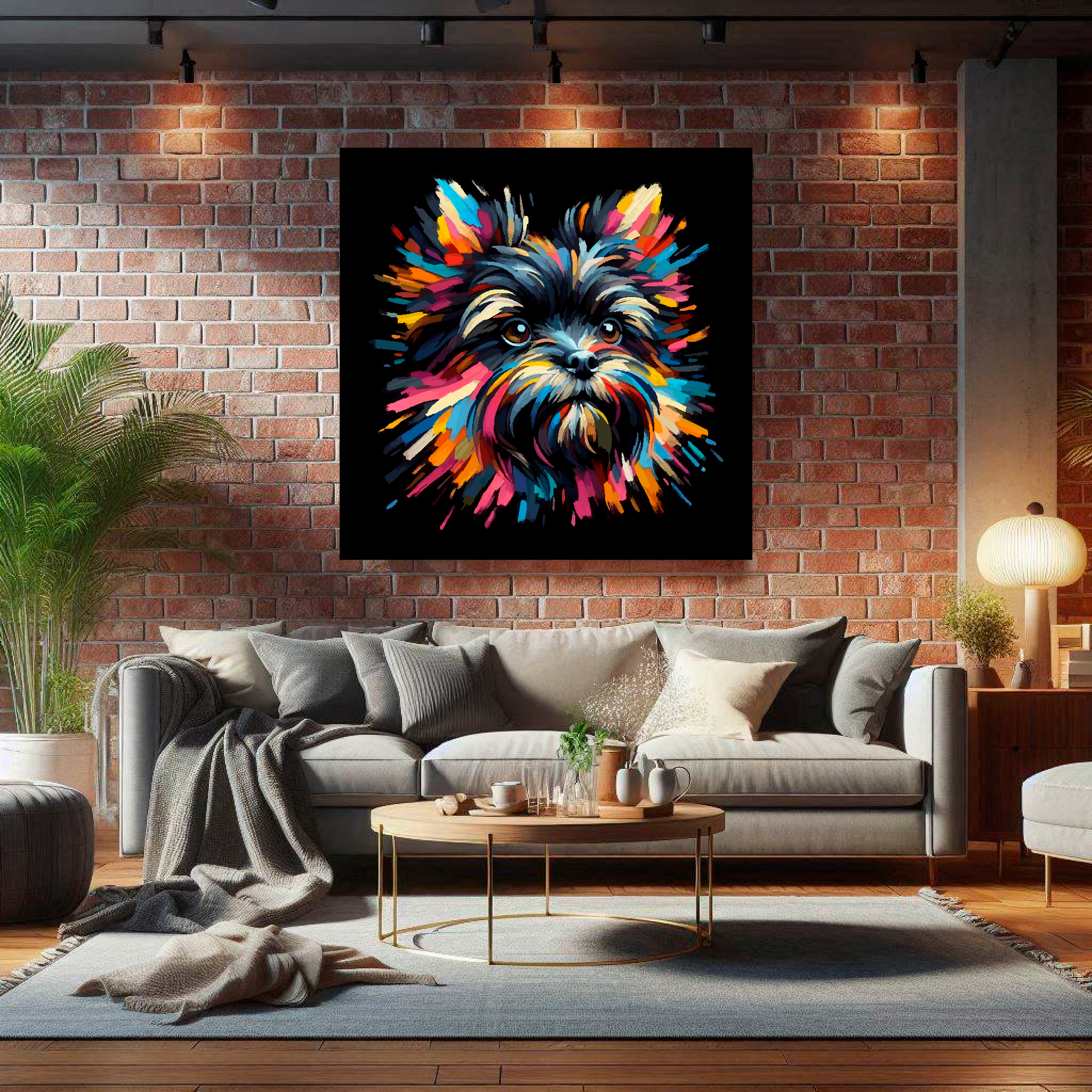 Large canvas wall art - A vibrant multi-coloured head portrait of a Affenpinscher. Available in 3 large sizes.