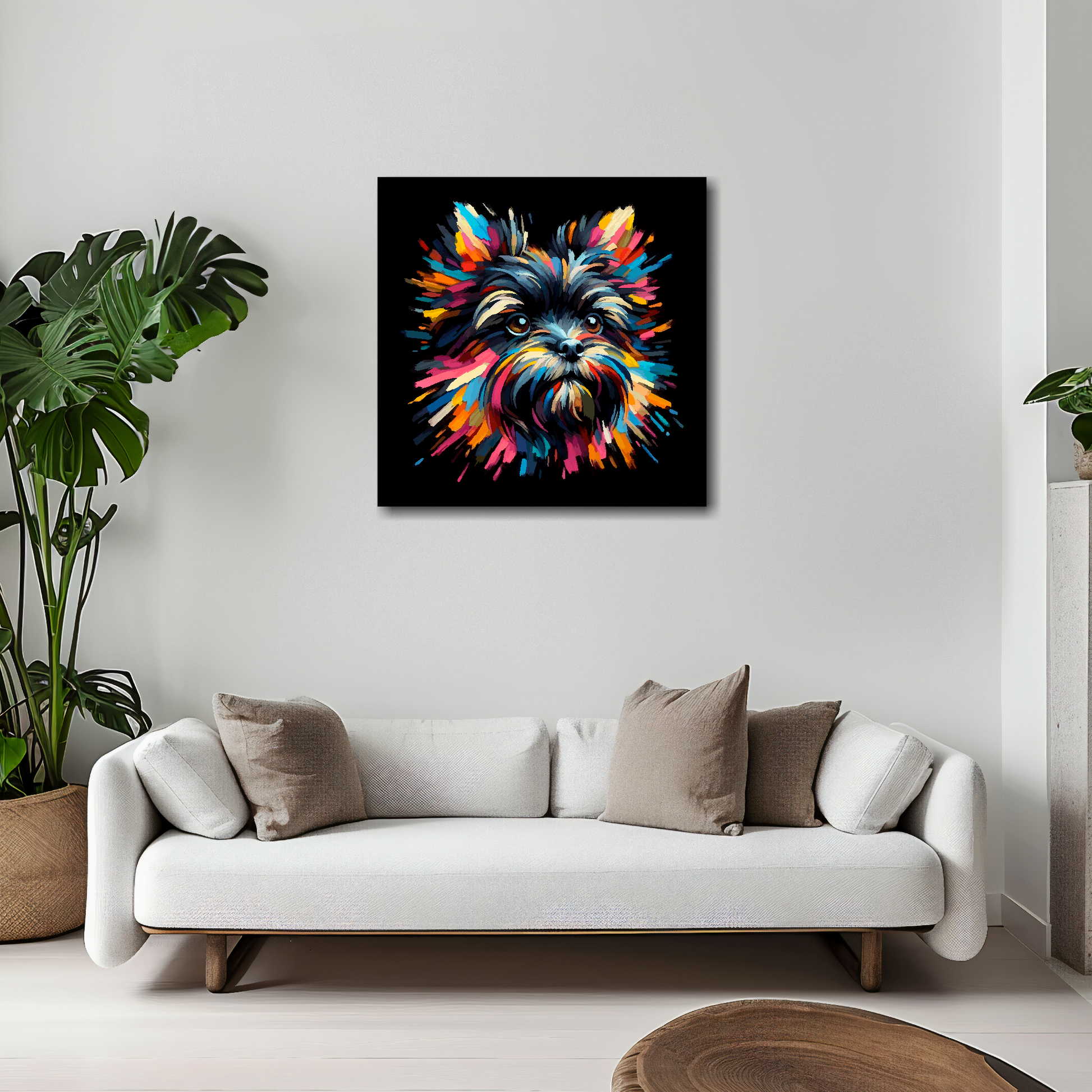 20 inch by 20 inch square canvas of a colourful Affenpinscher dog head portrait on a black background. Mounted on a white wall above a white sofa with decorative pillows.