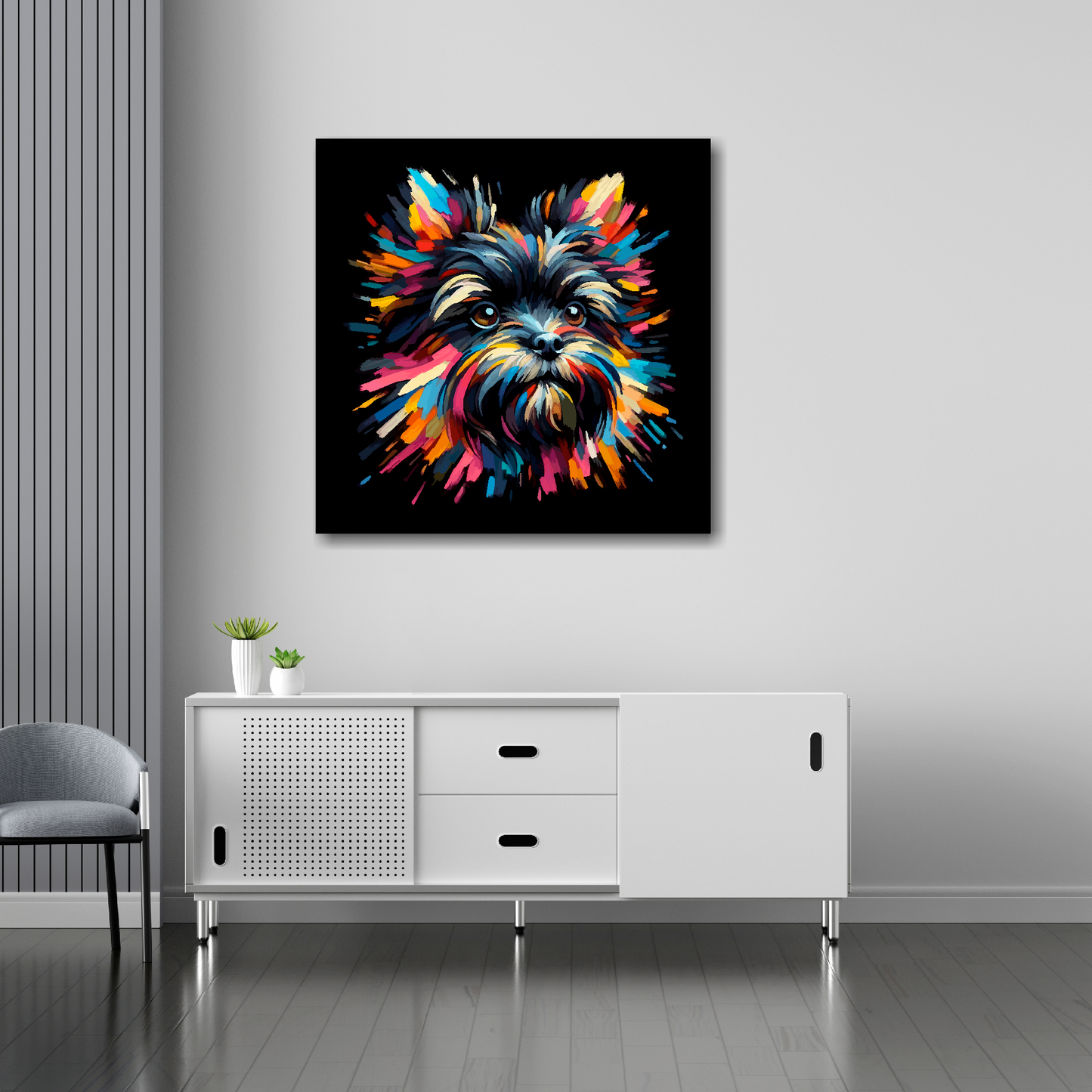 30 inch by 30 inch square canvas of a colourful Affenpinscher dog head portrait on a black background. Mounted on a white wall above a white sideboard.