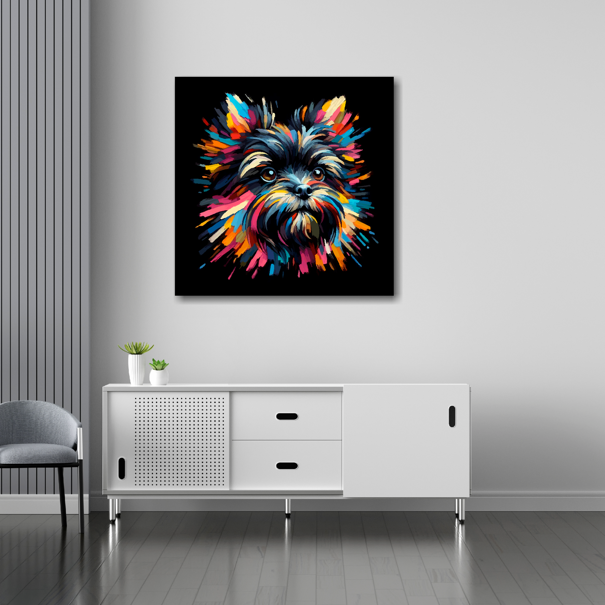 Affenpinscher canvas 30x30 inches above sideboard - large colourful dog portrait UK made