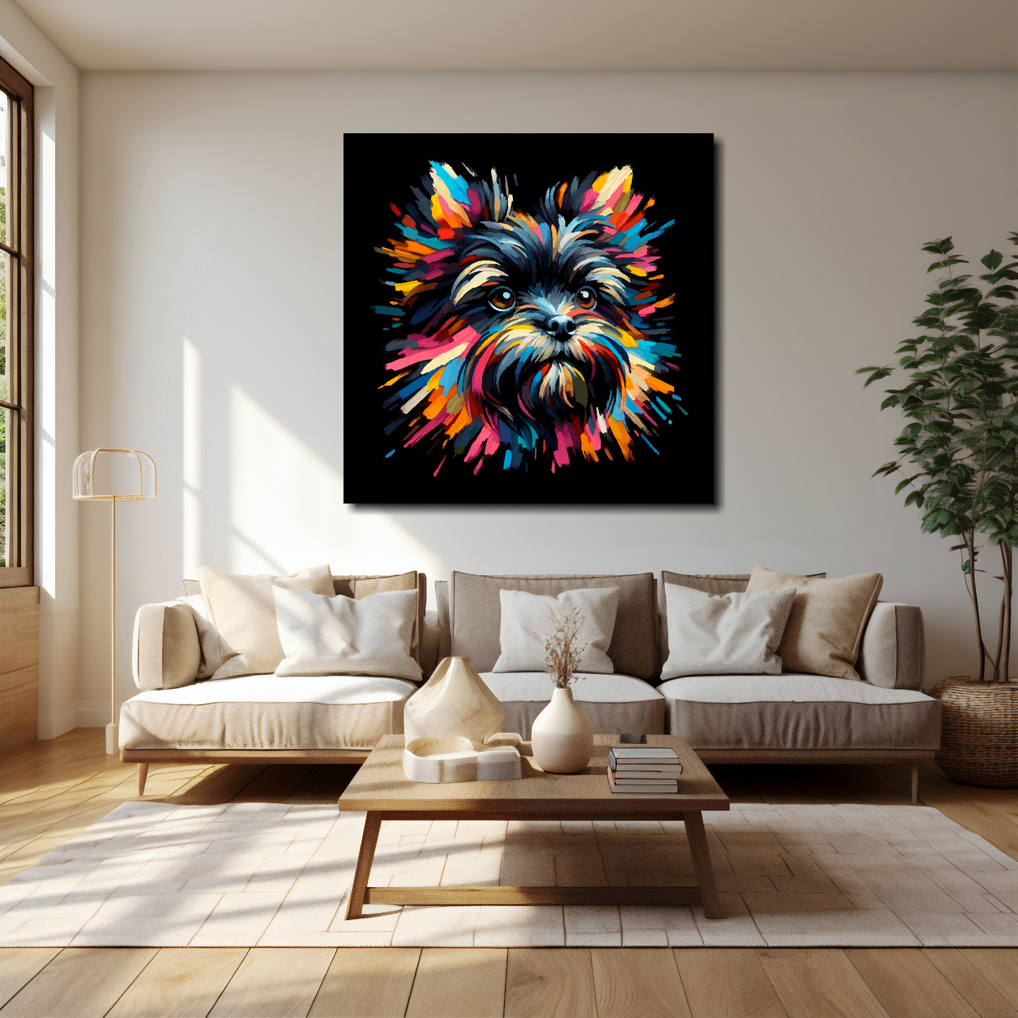 40 inch by 40 inch square canvas of a colourful Affenpinscher dog head portrait on a black background. Mounted on a white wall above a cream sofa with decorative pillows.