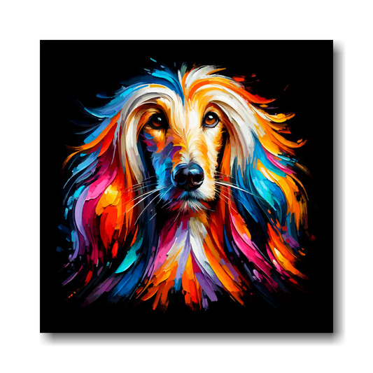 Colourful abstract painting of Afghan Hound head portrait on a black background.