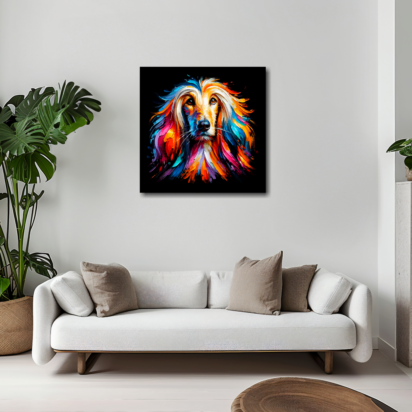 20 inch by 20 inch square canvas of a colourful Afghan Hound head portrait on a black background. Mounted on a white wall above a white sofa with decorative pillows.
