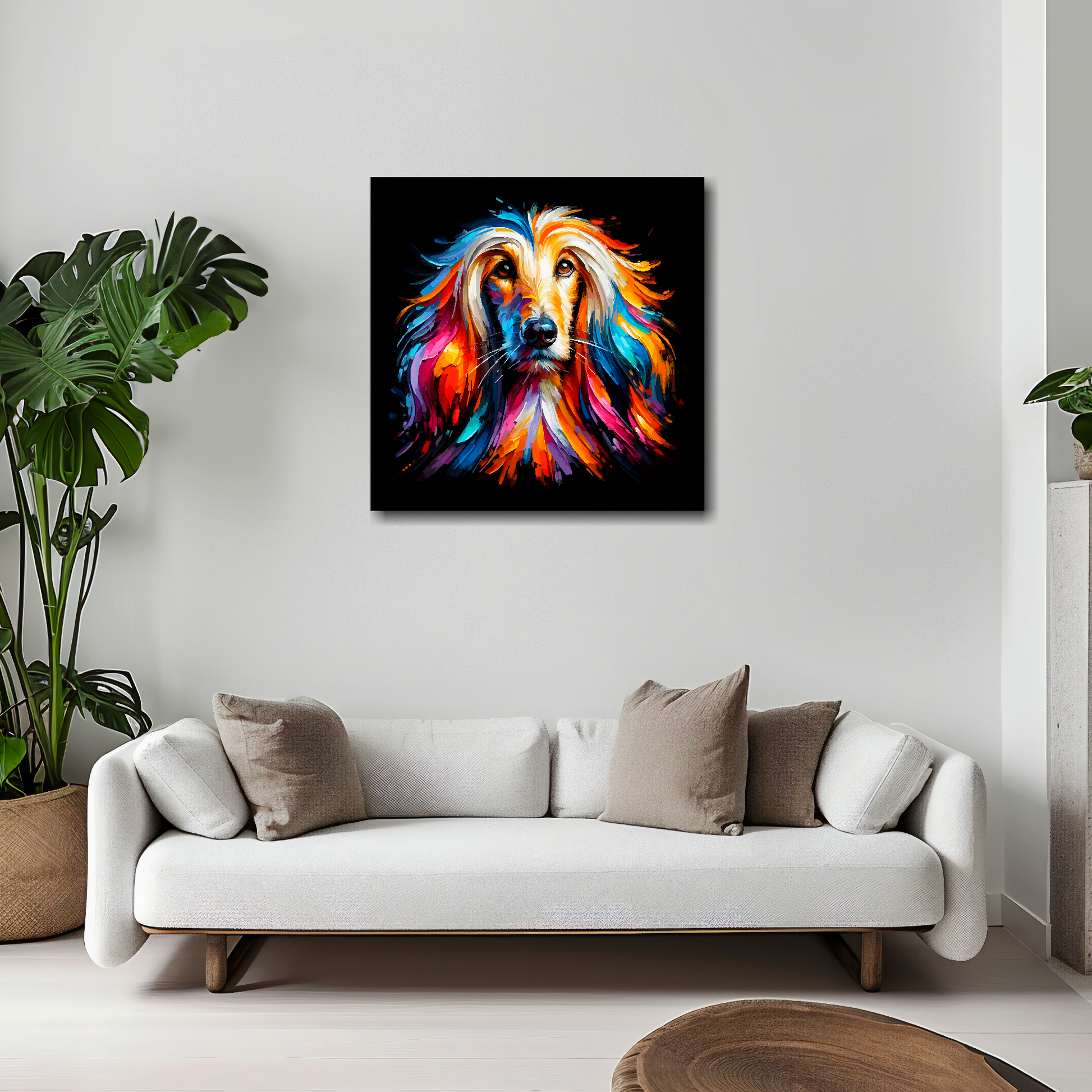 20 inch by 20 inch square canvas of a colourful Afghan Hound head portrait on a black background. Mounted on a white wall above a white sofa with decorative pillows.
