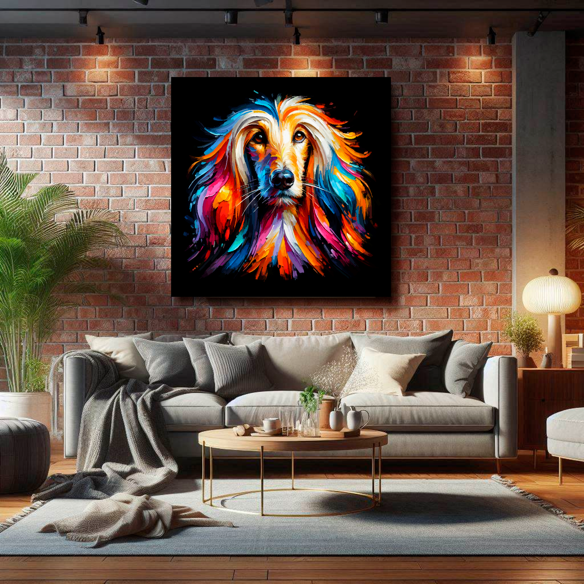 Large square canvas of a colourful Afghan Hound head portrait on a black background. Mounted on a brick wall above a grey sofa with decorative pillows.