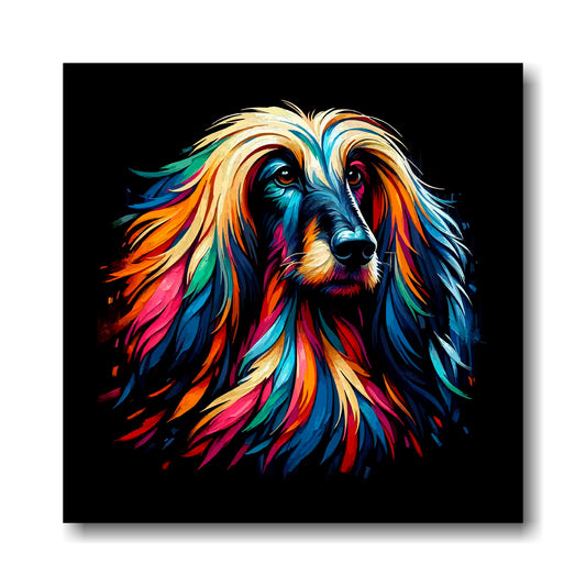 Multi-coloured painting of an Afghan Hound's head on a black background.