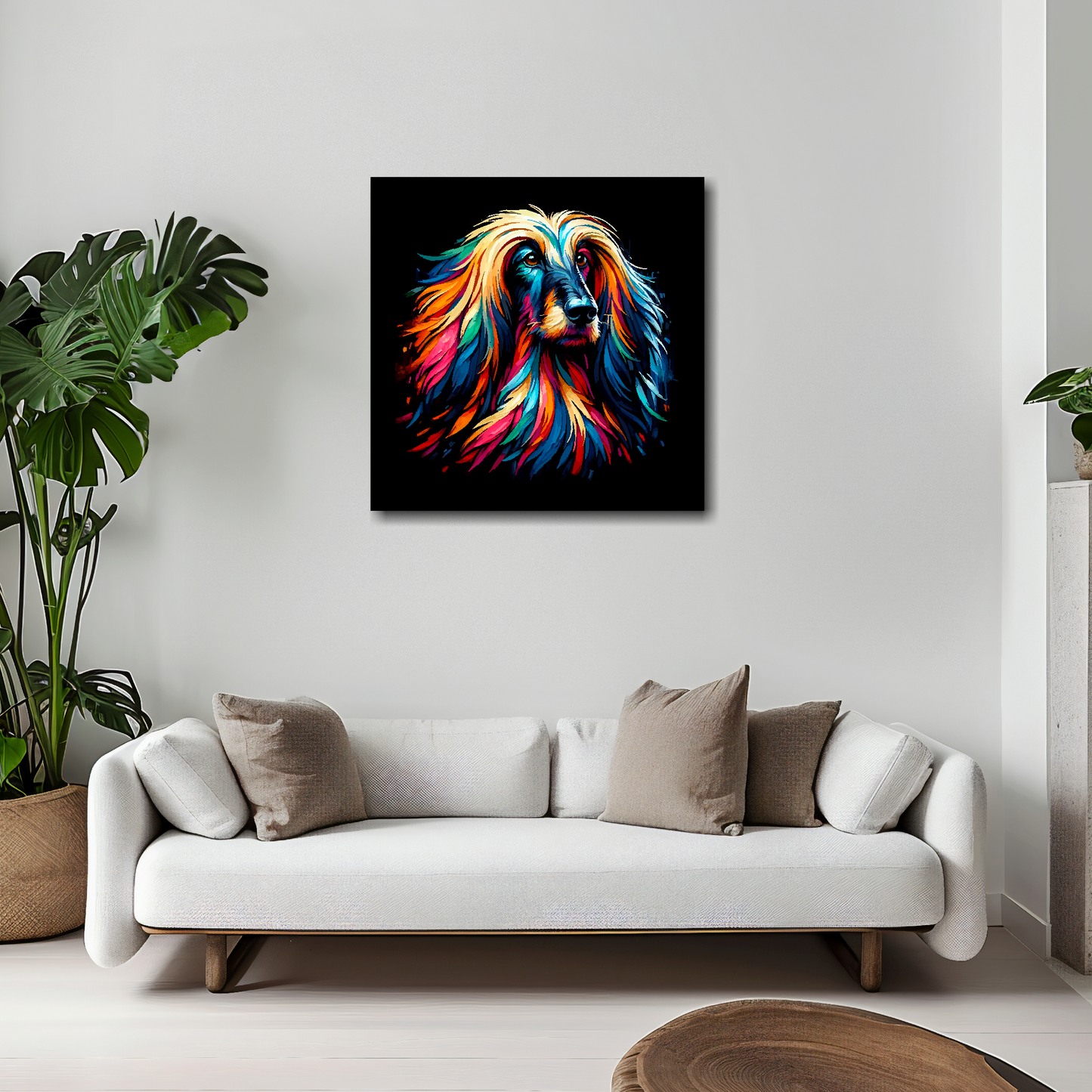 20 inch by 20 inch canvas featuring a multi-coloured Afghan Hound dog portrait. Mounted on a white wall above a white sofa with decorative pillows.
