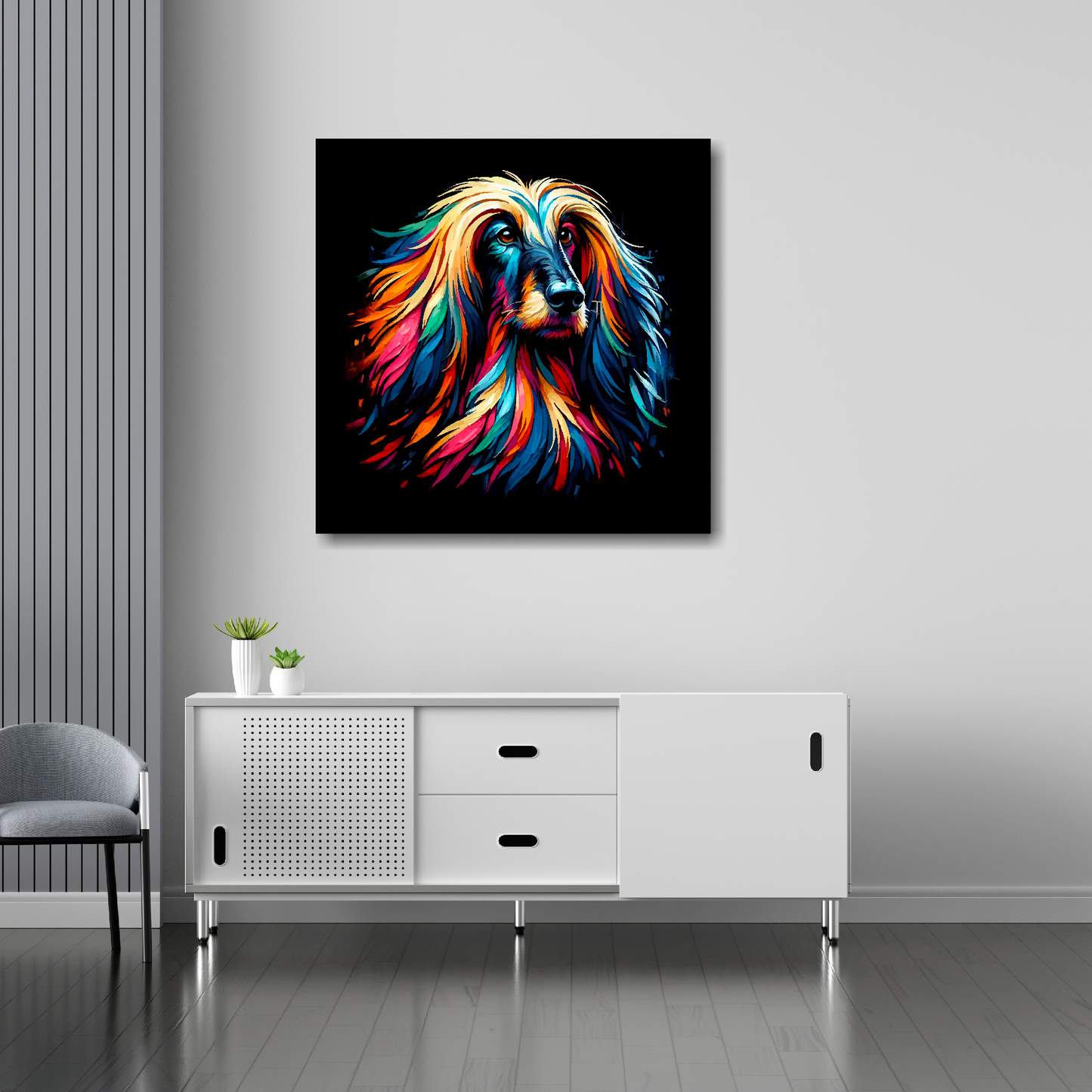 30 inch by 30 inch canvas featuring a multi-coloured Afghan Hound dog portrait. Mounted on a white wall above a white sideboard.