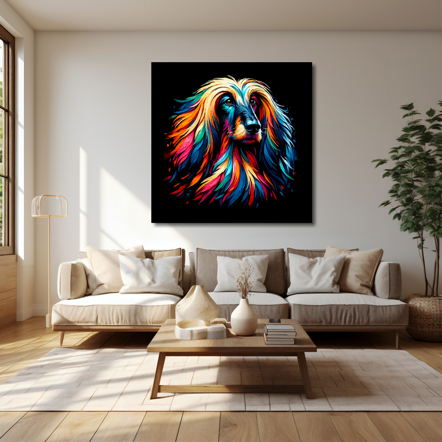 40 inch by 40 inch canvas featuring a multi-coloured Afghan Hound dog portrait. Mounted on a cream wall above a cream sofa with decorative pillows.