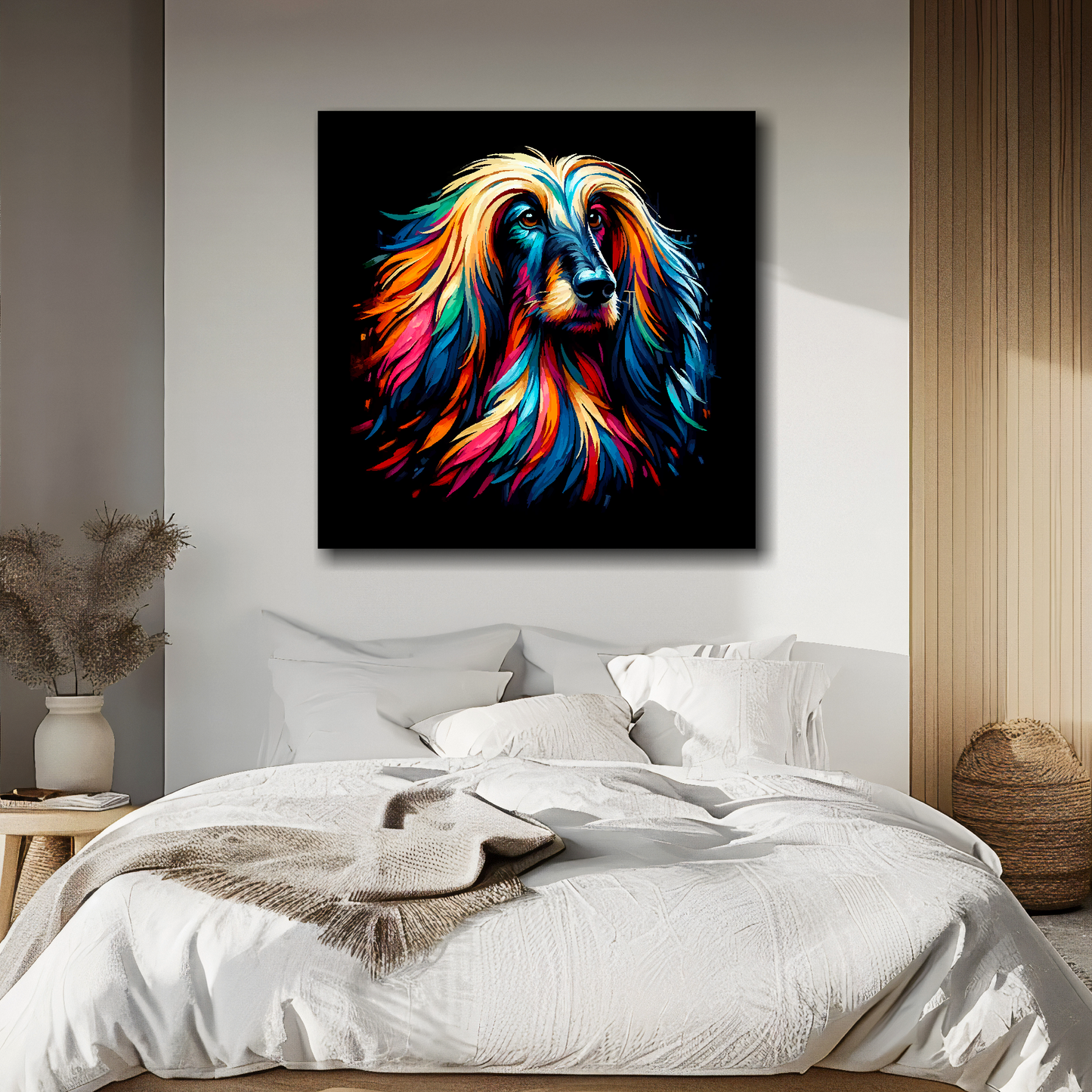 Large canvas featuring a multi-coloured Afghan Hound dog portrait. Mounted on a white wall above a double bed.