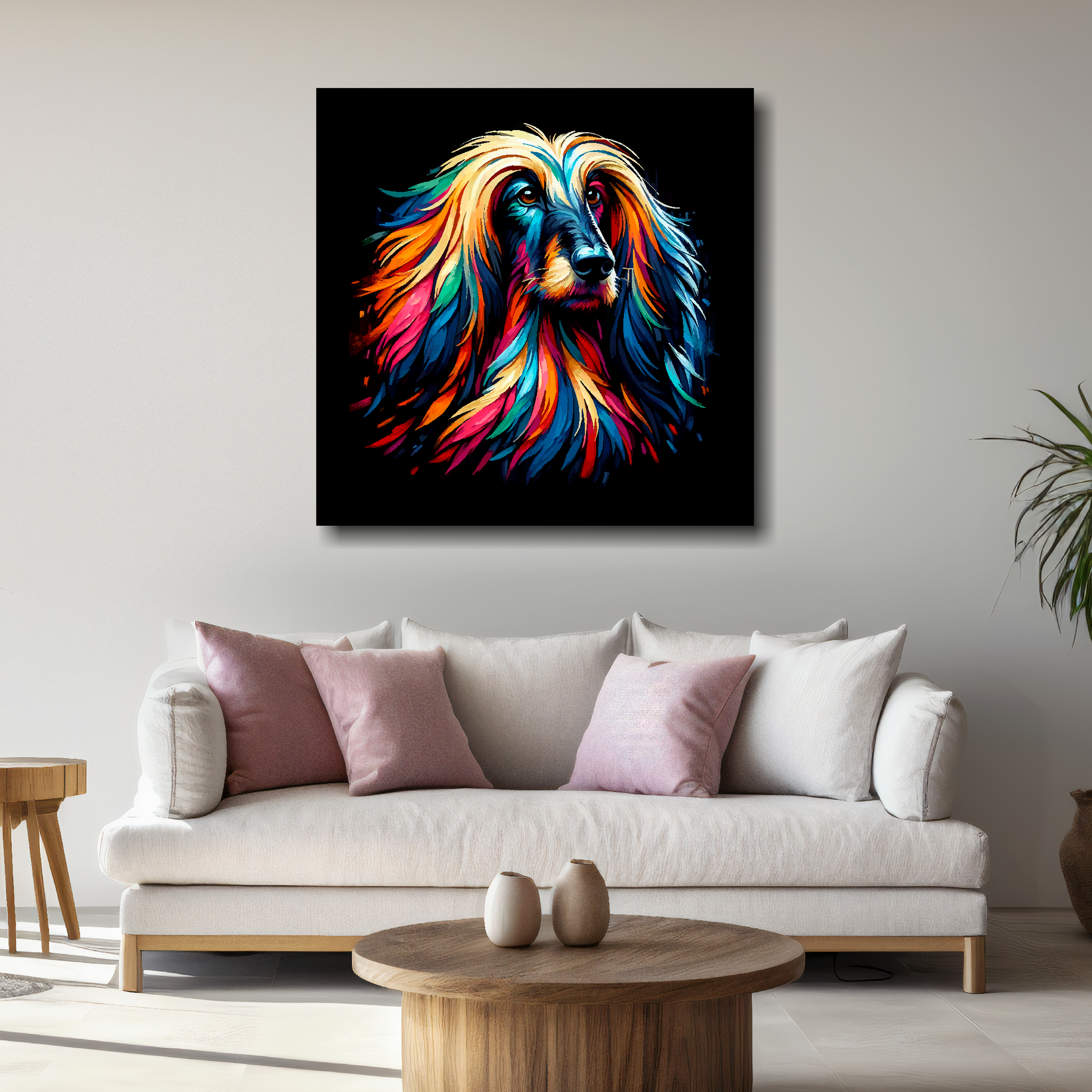 Large canvas featuring a multi-coloured Afghan Hound dog portrait. Mounted on a white wall above a white sofa with decorative pillows.