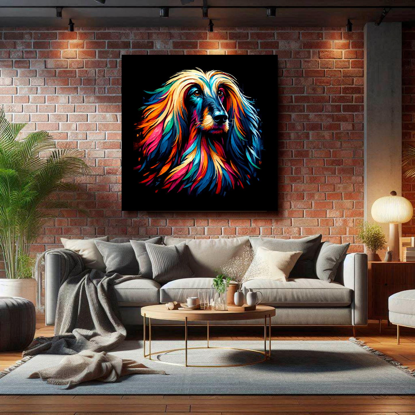 XL canvas featuring a multi-coloured Afghan Hound dog portrait. Mounted on a brick wall above a grey sofa with decorative pillows.
