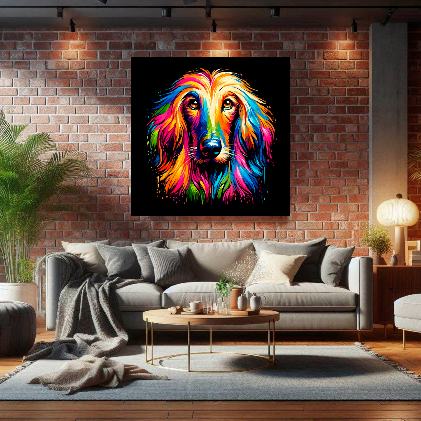 Large canvas wall art - A vibrant multi-coloured head portrait of a Afghan Hound. Available in 3 large sizes.