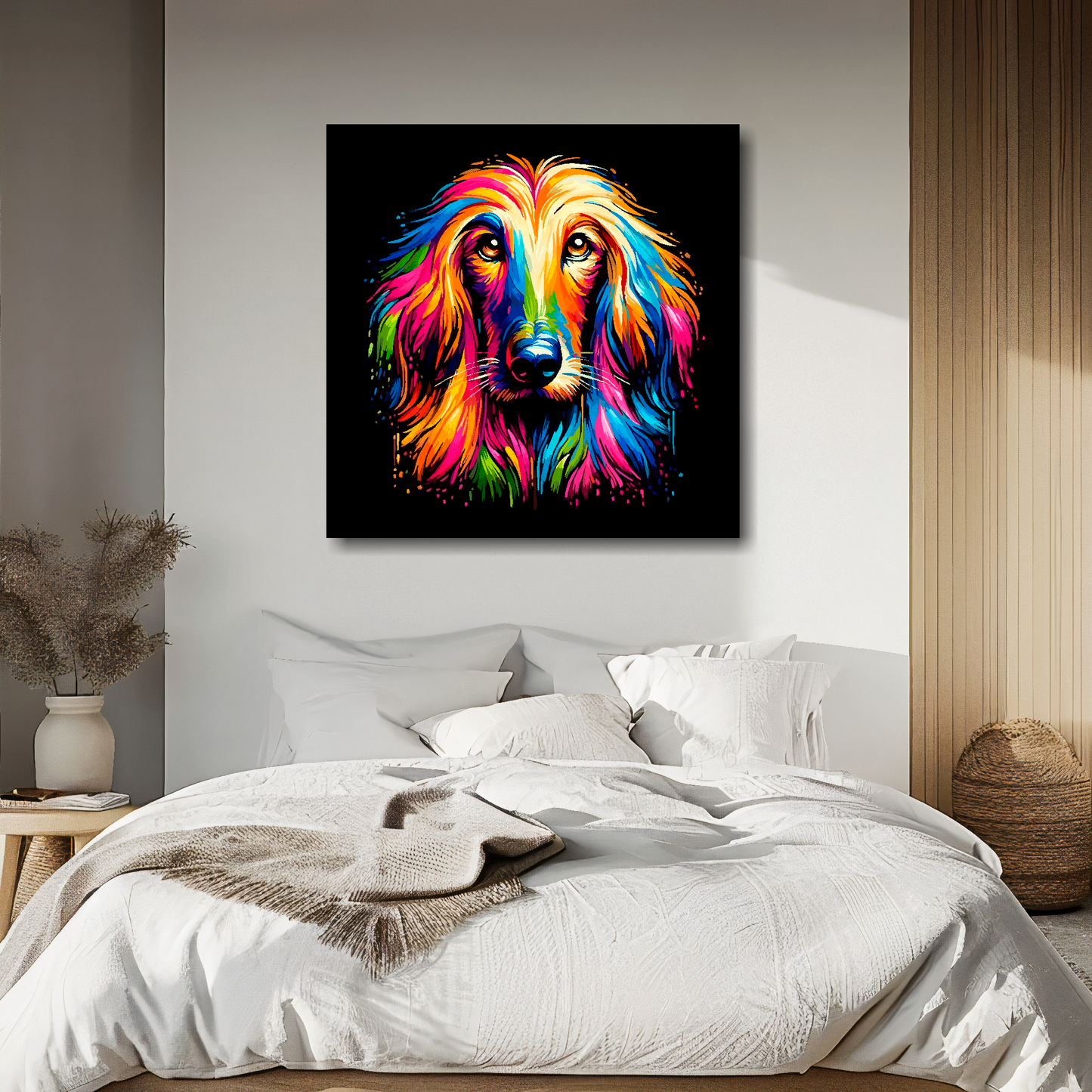 Large canvas wall art - A vibrant multi-coloured head portrait of a Afghan Hound. Available in 3 large sizes.