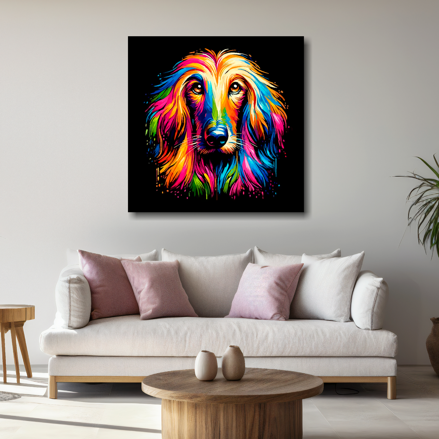 Large canvas wall art - A vibrant multi-coloured head portrait of a Afghan Hound. Available in 3 large sizes.
