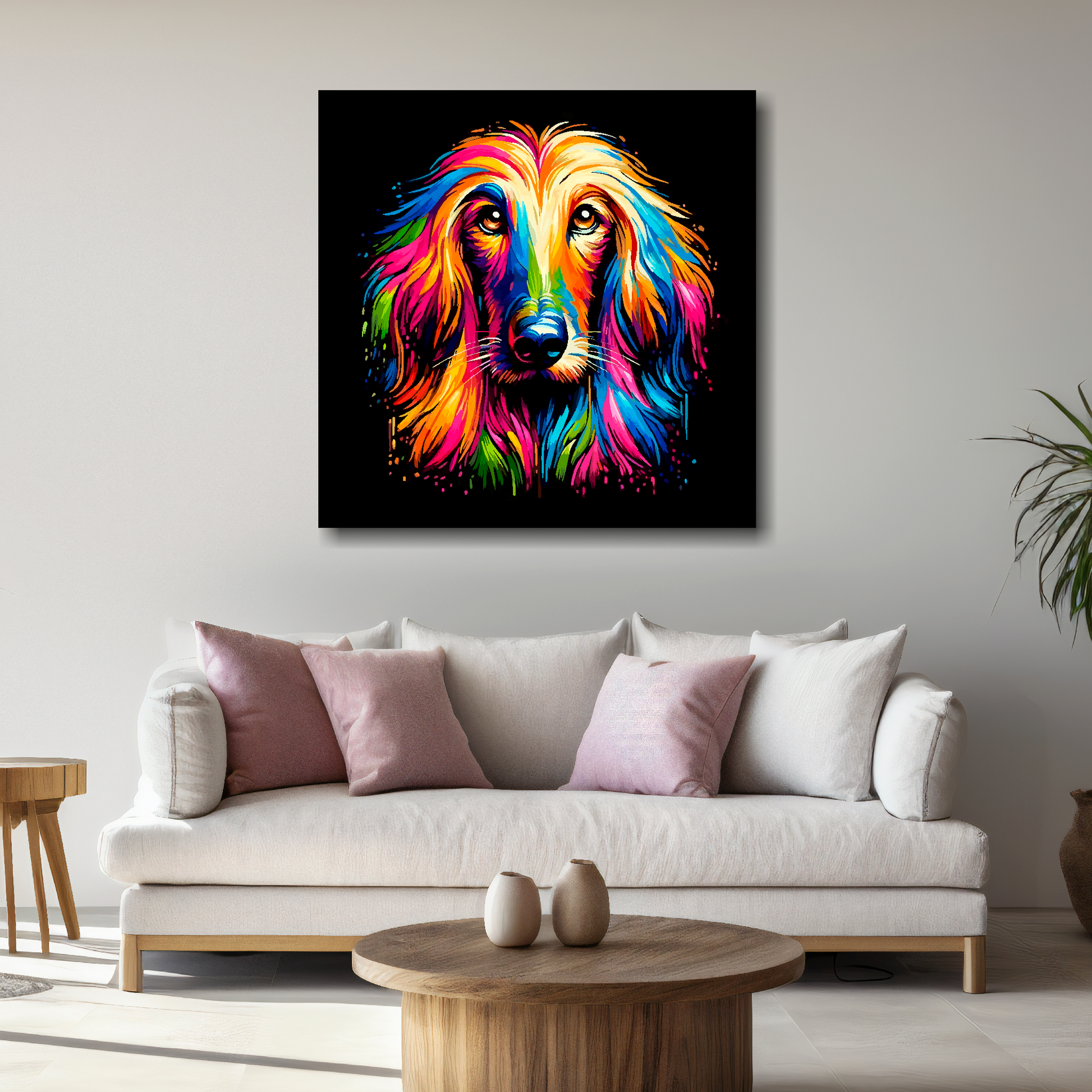 Large canvas wall art - A vibrant multi-coloured head portrait of a Afghan Hound. Available in 3 large sizes.