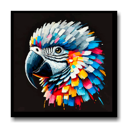 Large canvas wall art - A vibrant multi-coloured head portrait of a African Grey Parrot. Available in 3 large sizes.
