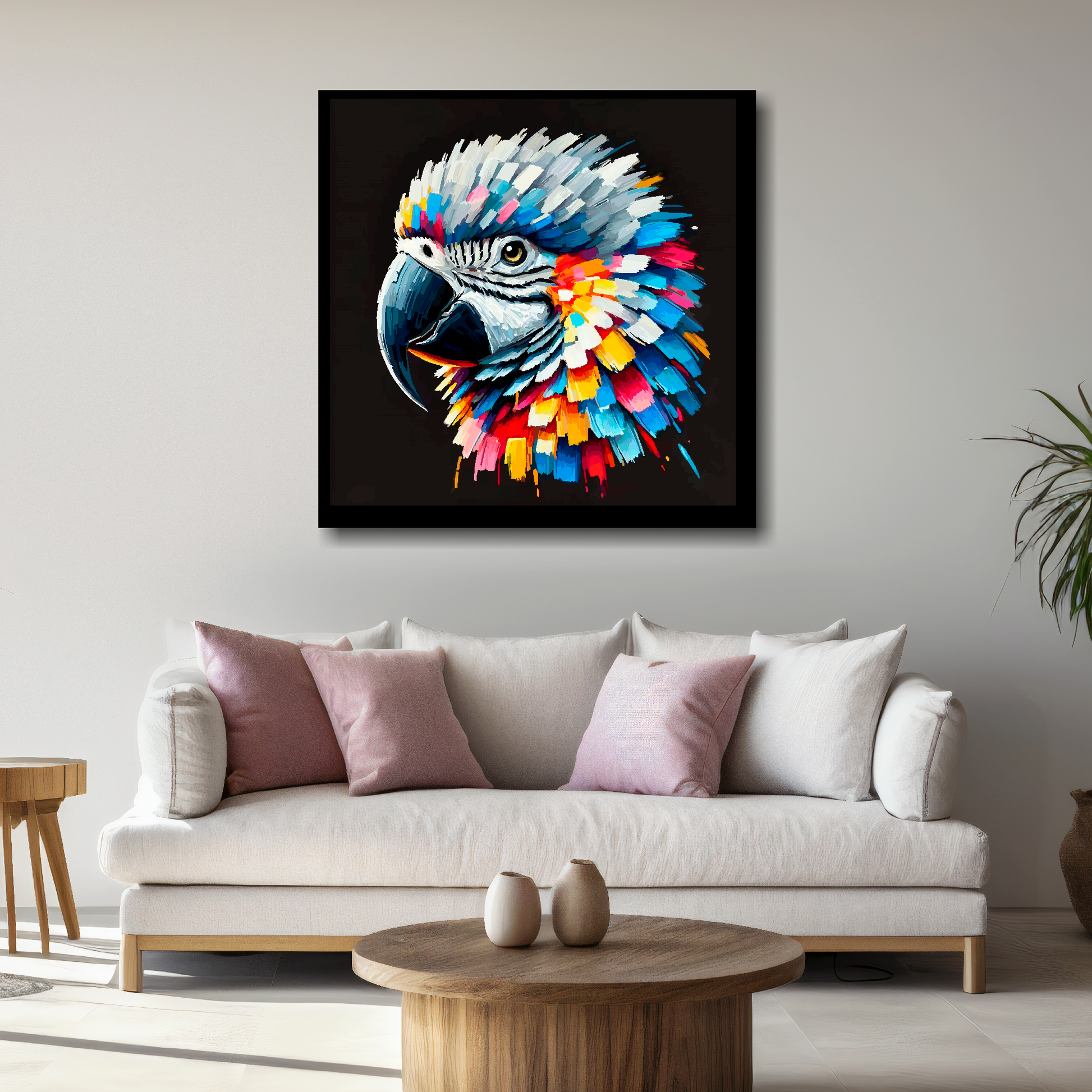 Large canvas wall art - A vibrant multi-coloured head portrait of a African Grey Parrot. Available in 3 large sizes.