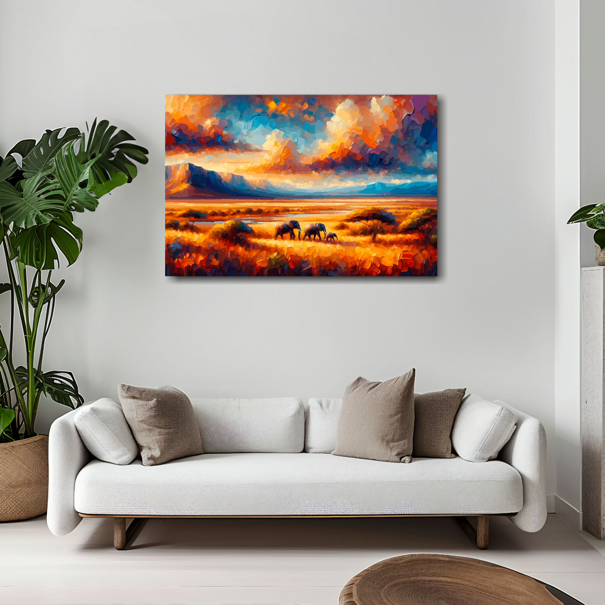 30 inch by 20 inch abstract canvas print of an African Plains landscape. Mounted on a white wall above a white sofa with decorative pillows.