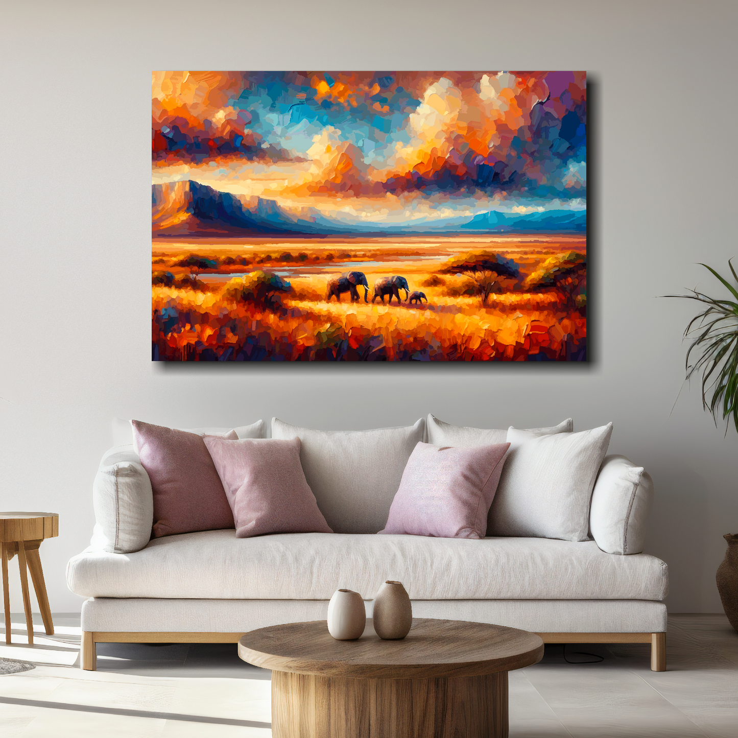 Large canvas wall art - A multi-coloured abstract landscape of the African Plains. Available in 3 large sizes.