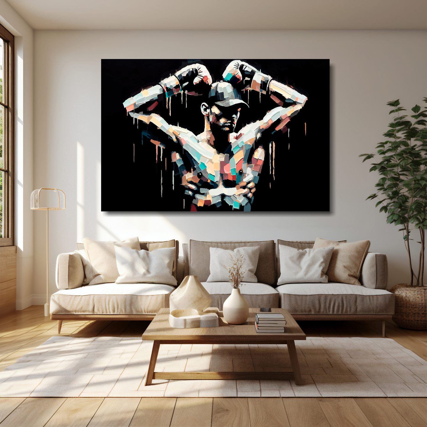 60 inch by 40 inch abstract canvas print of a colourful boxer. Mounted on a cream wall above a cream sofa with decorative pillows.