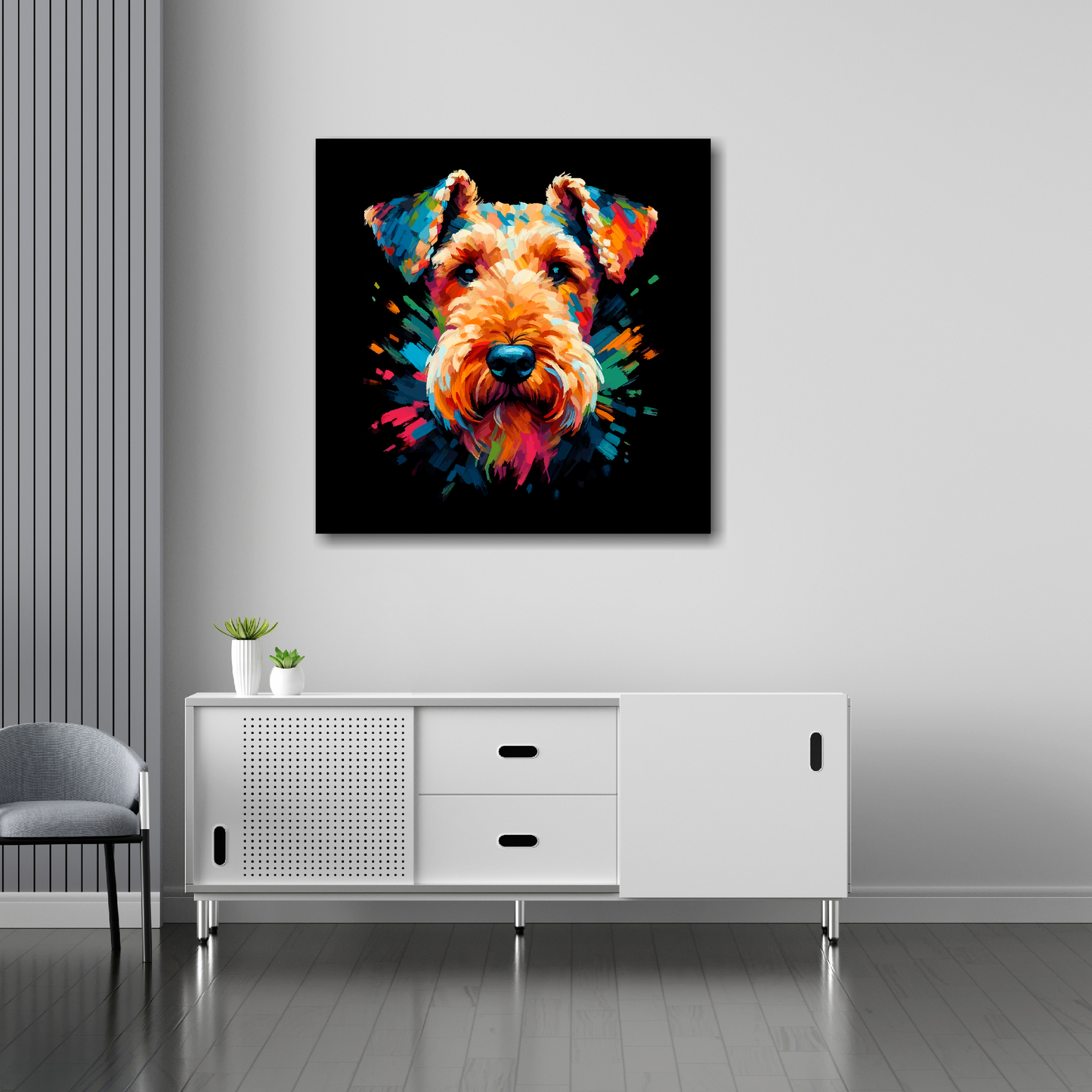 30 inch by 30 inch square canvas of a colourful Airedale Terrier head portrait on a black background. Mounted on a white wall above a white sideboard.