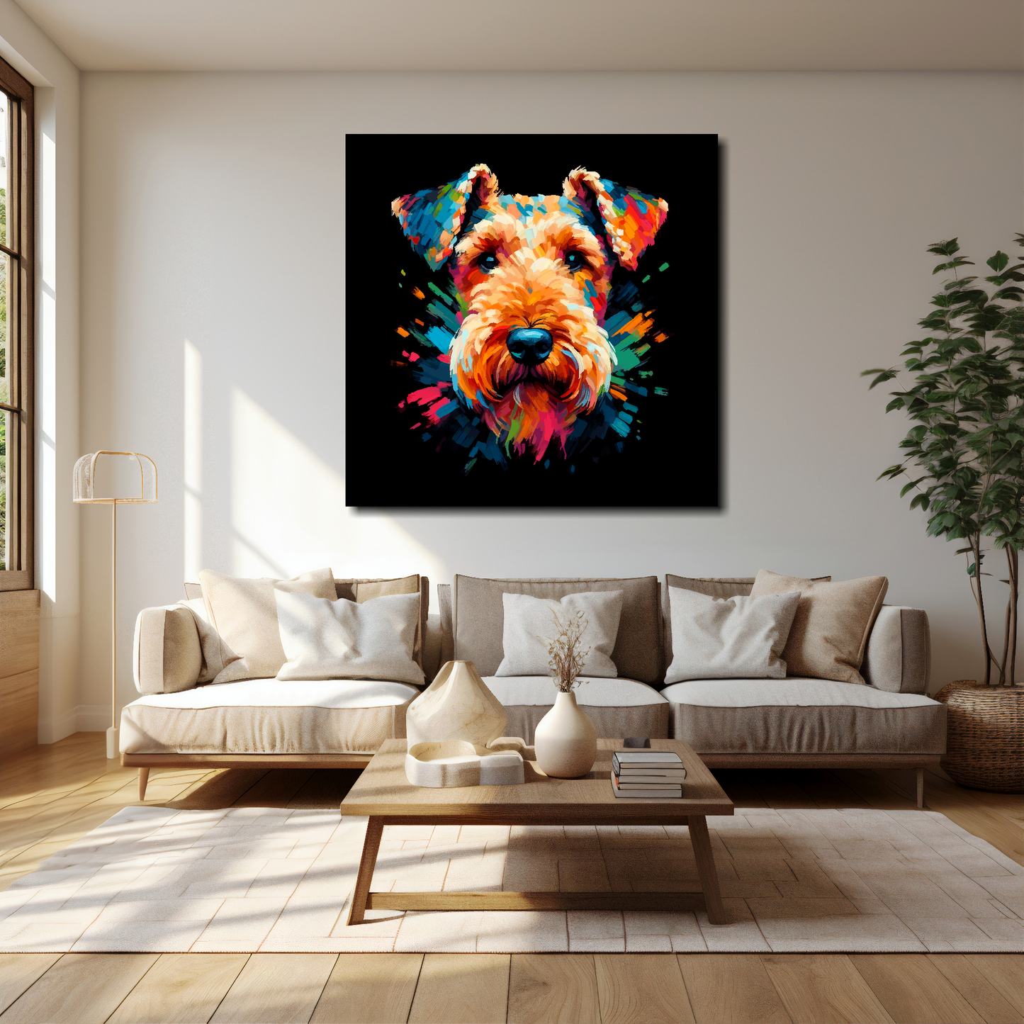 40 inch by 40 inch square canvas of a colourful Airedale Terrier head portrait on a black background. Mounted on a white wall above a cream sofa with decorative pillows.